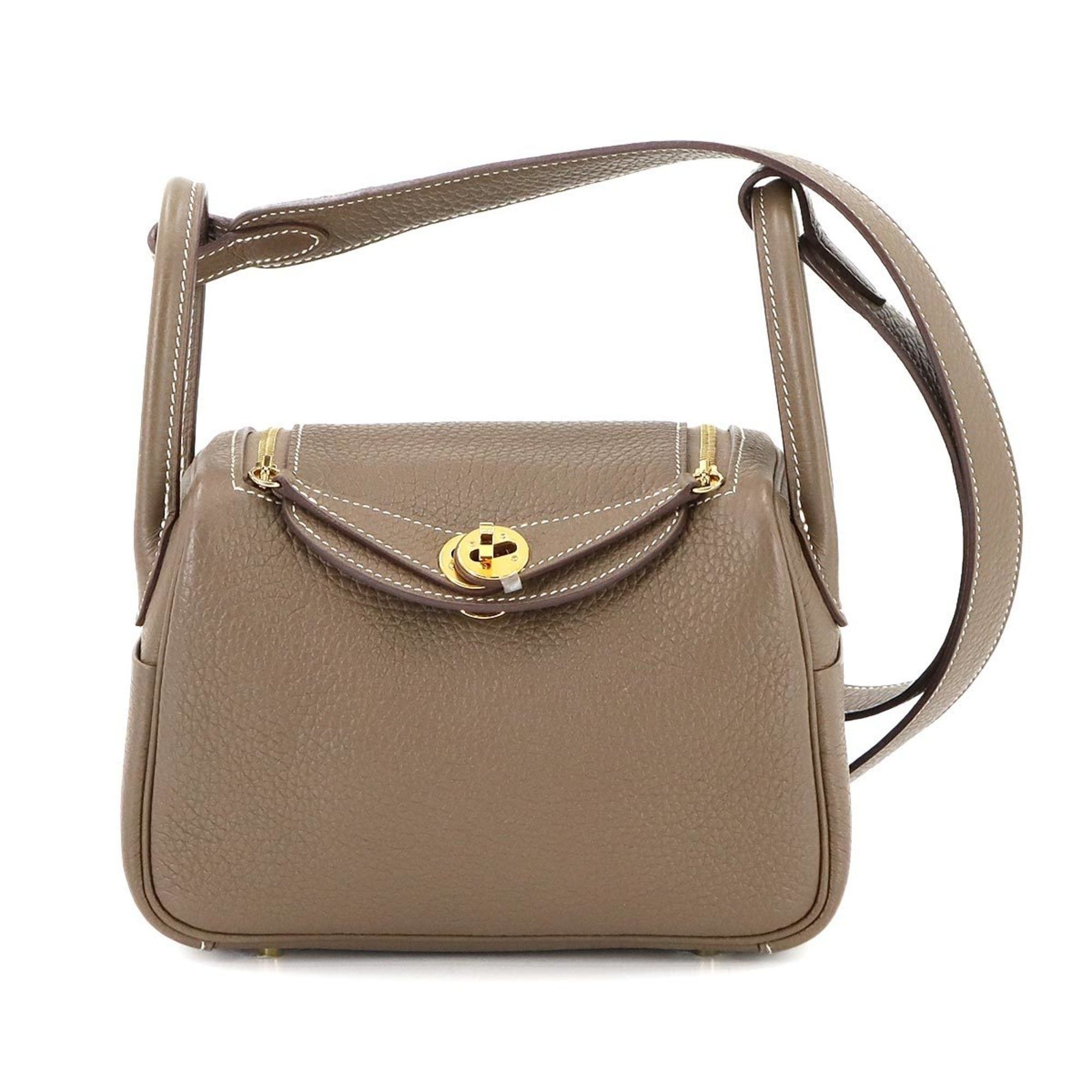 Hermes Lindy Mini 2Way Hand Shoulder Bag Taurillon Clemence Etoupe U Engraved Gold Hardware in Grey, Women's