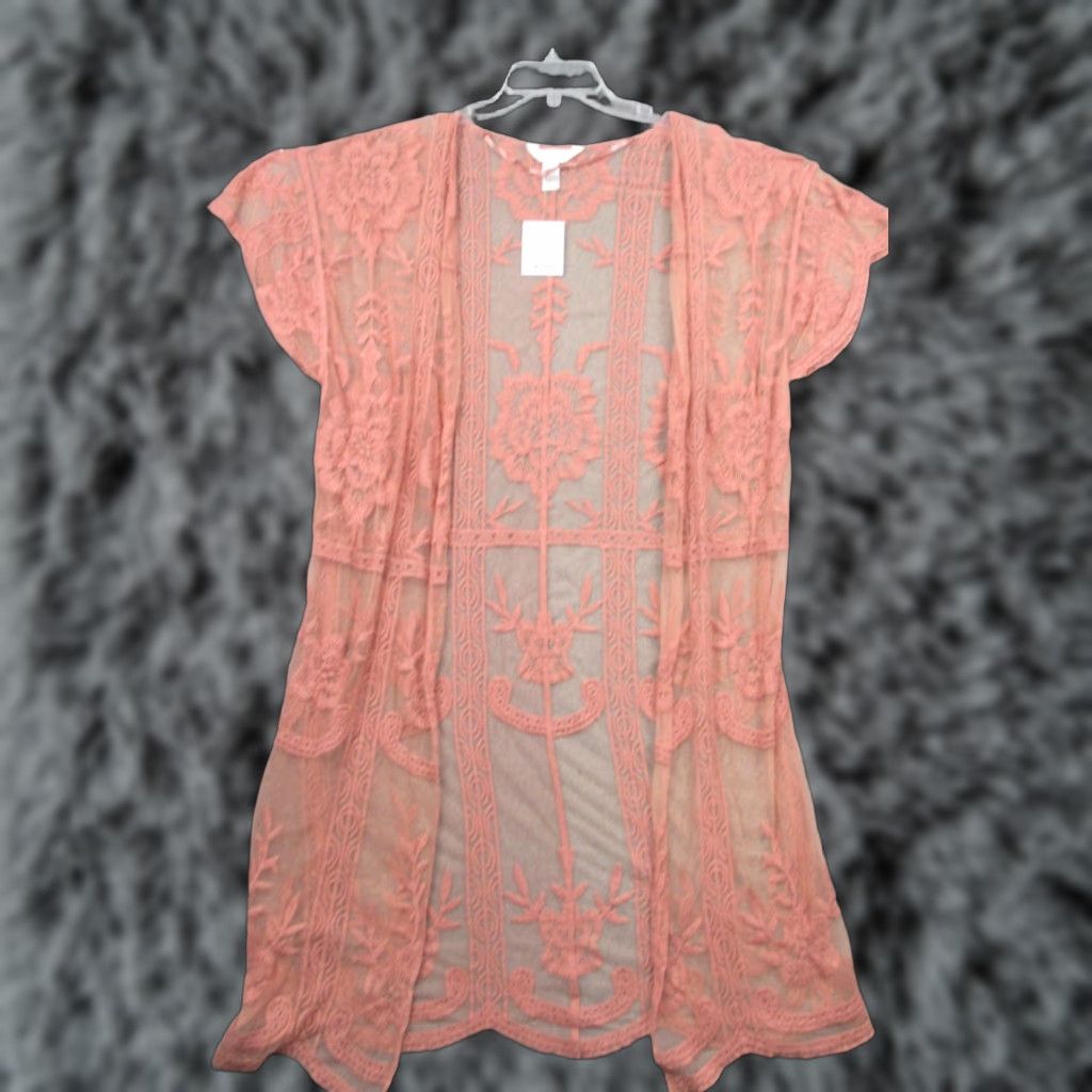 Vintage Lauren Conrad Kimono Womens One Size Pink Lace Sheer Boho Layering Shirt/Coat/ Cape (O/S) Womens Size ONE SIZE - 1 Thumbnail