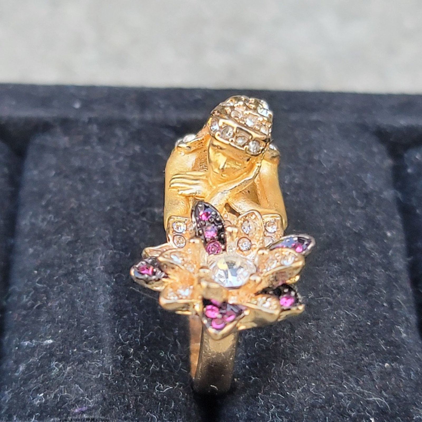 The Unbranded Brand Gold Tone Girl Flower Rhinestone Ring Size ONE SIZE - 2 Thumbnail