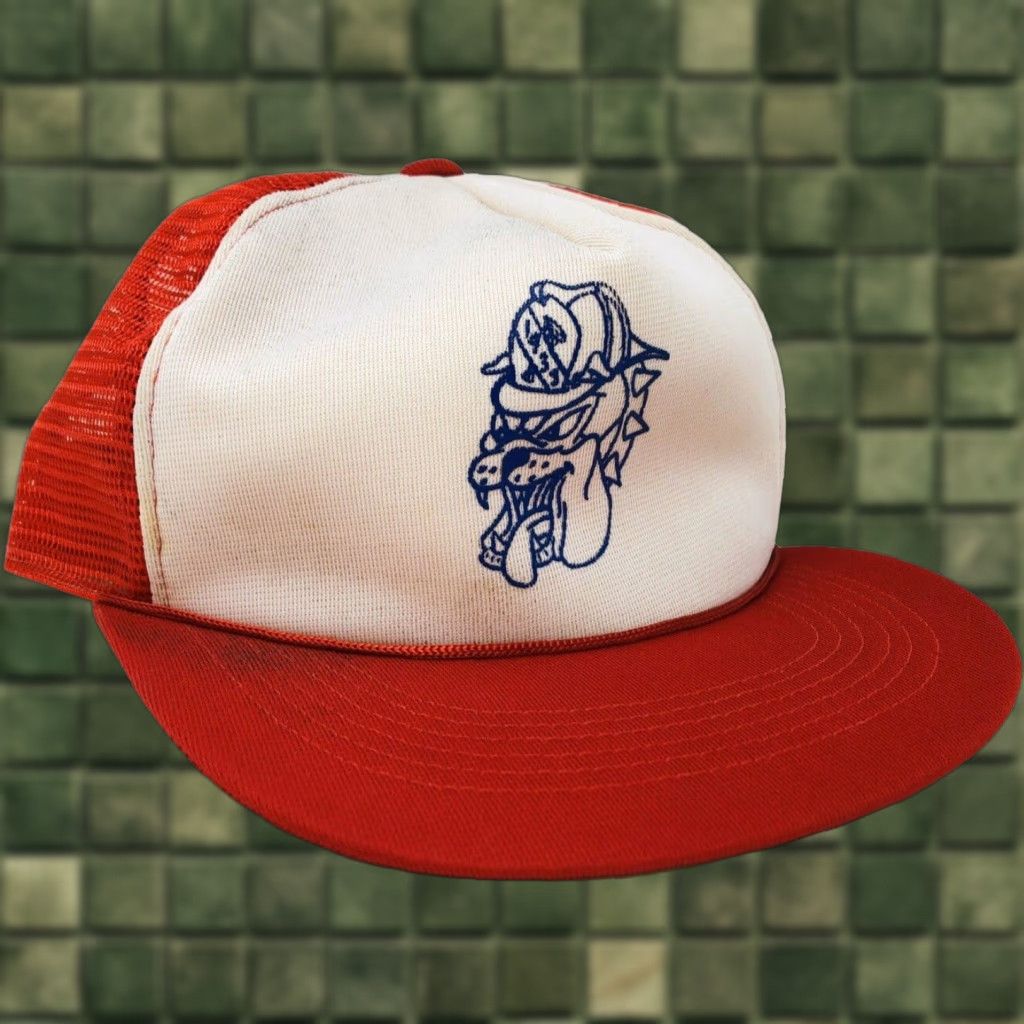 Vintage VINTAGE Red White Snapback Firefighter Fireman Bulldog Dog Trucker Hat Cap Men Adjustable Red Size ONE SIZE - 1 Thumbnail