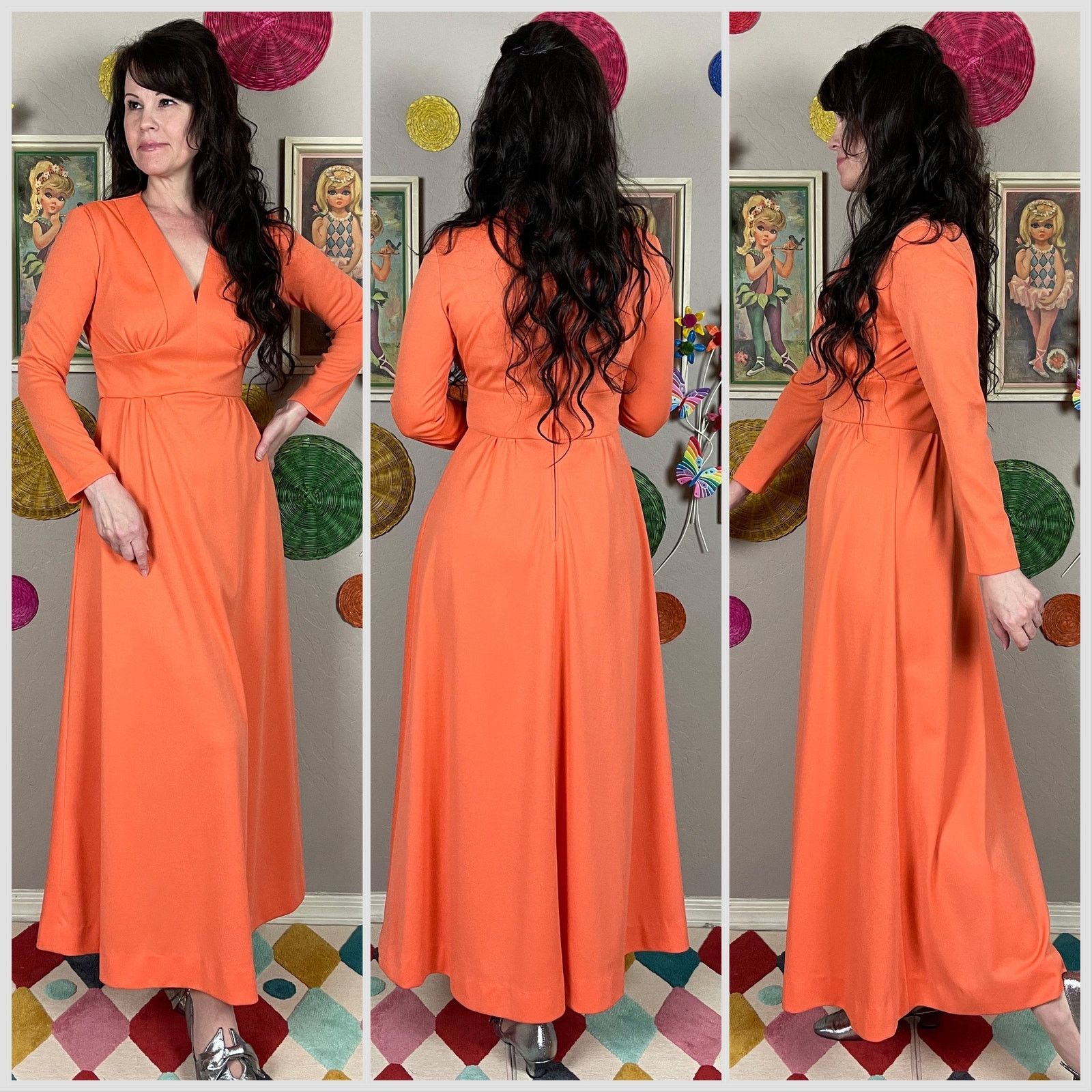 Vintage 1970s Tangerine Orange Long Sleeve Empire Waist Maxi Dress Size S / US 4 / IT 40 - 2 Thumbnail