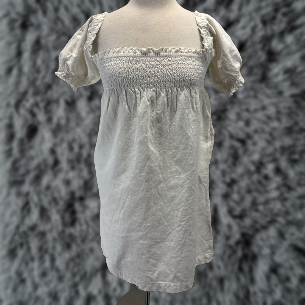 VINTAGE Faherty Women Mini Dress Sz Small Organic Cotton Smocked Floral Beach Short Sleeve White Bohemian 2020s