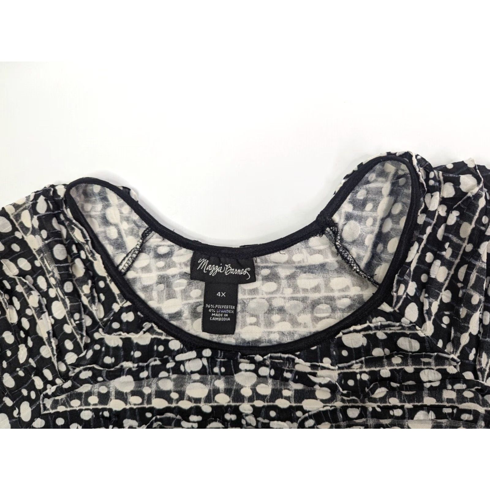Vintage Maggie Barnes Blouse Shirt 4X Women Black White Ruffle Layers Dot Print Button Short Sleeve Round Neck Casual/Career 4X Womens Blouse Size XXL / US 16-18 / IT 52-54 - 6 Thumbnail