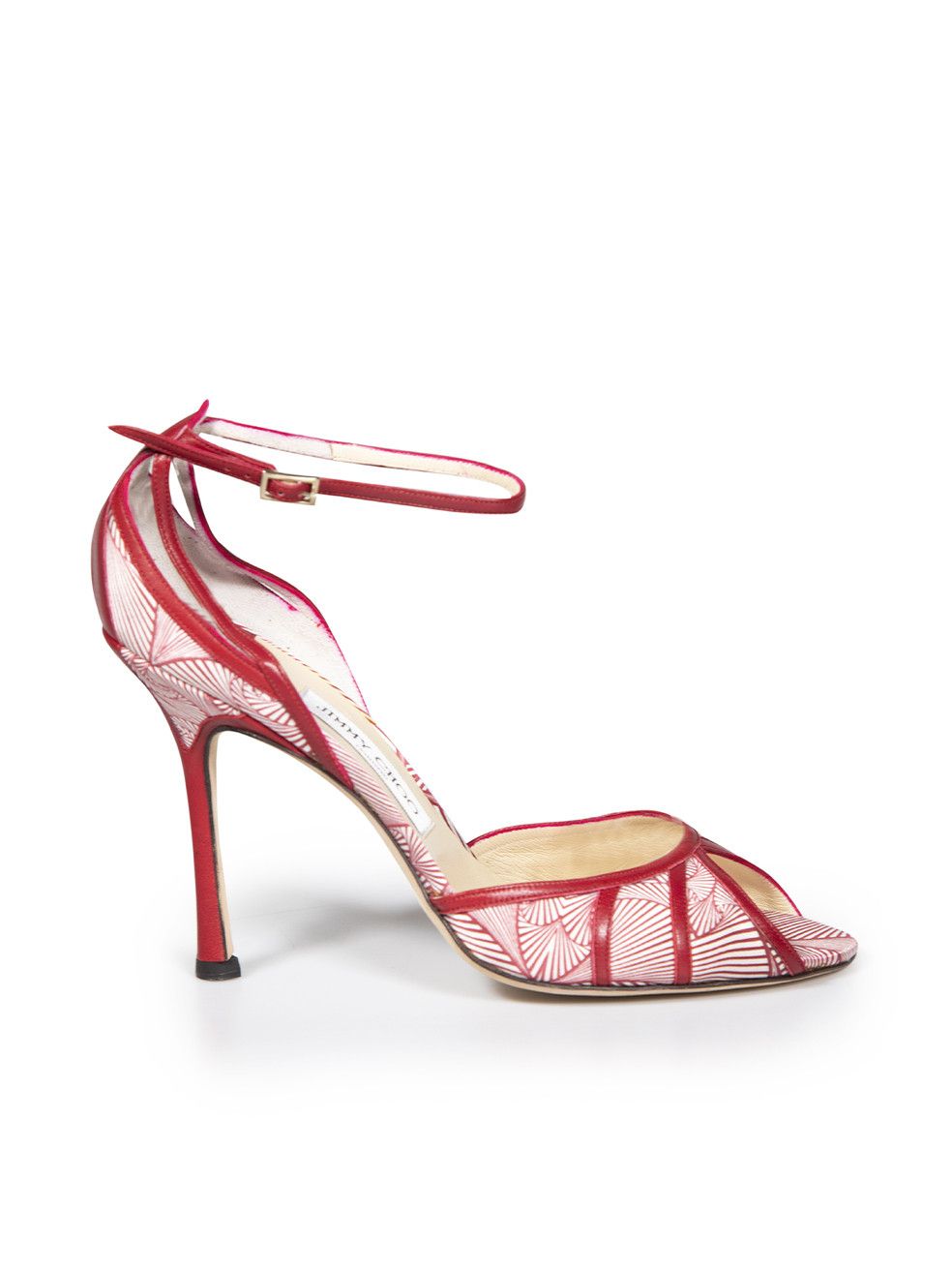 image of Jimmy Choo Red Satin Printed Peep-Toe Sandals, Women's (Size 10)