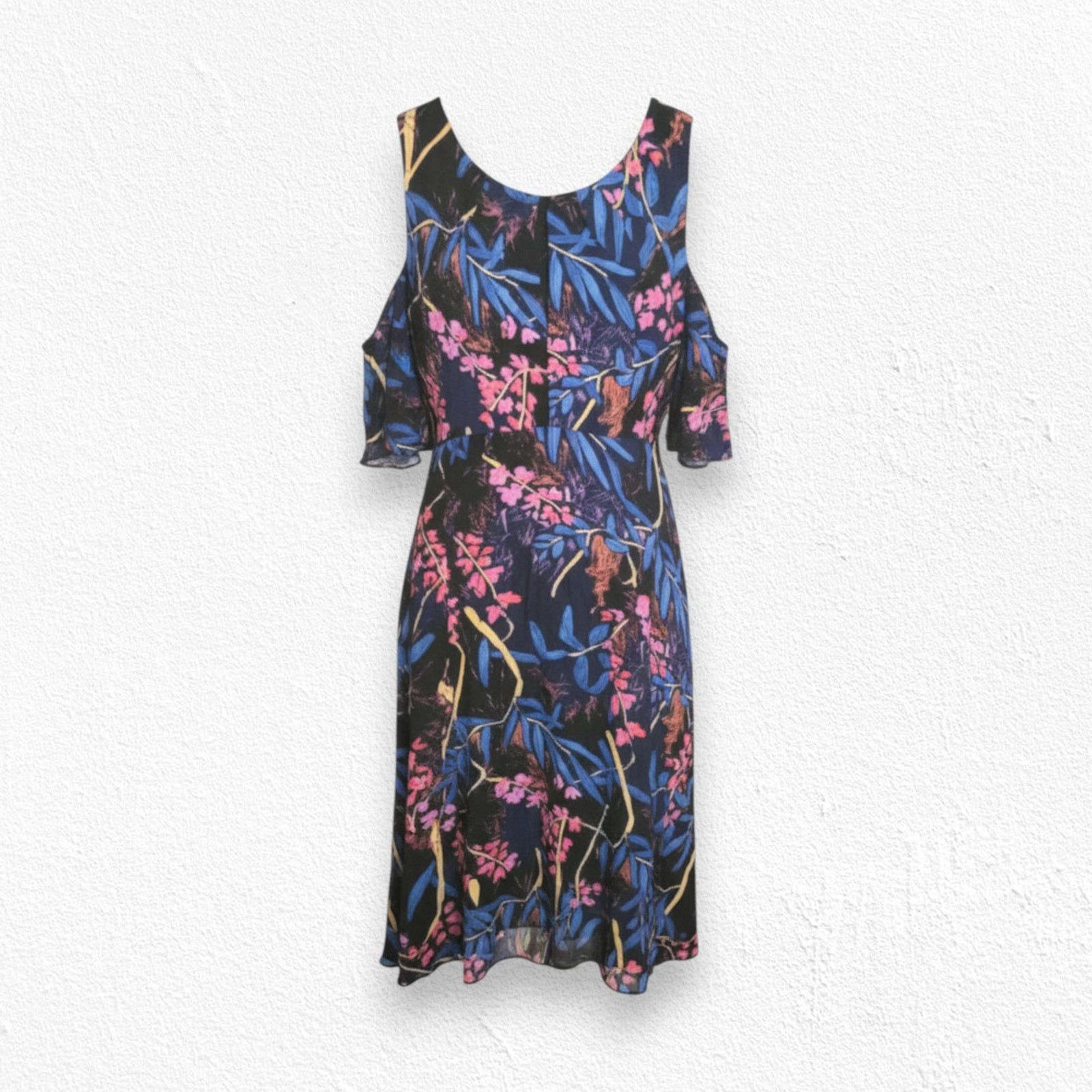 Anthropologie Black Pink Tropical Floral Cold Shoulder Dress Size 4 Size S / US 4 / IT 40 - 1 Thumbnail