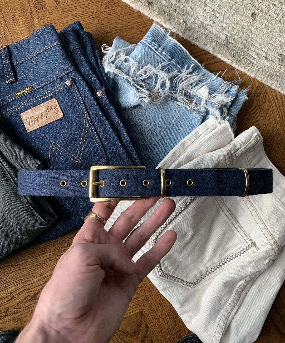 Vintage 1970s Belt 80s Vintage Waist Blue Fabric Gold Brass Buckle M Size ONE SIZE - 1 Thumbnail