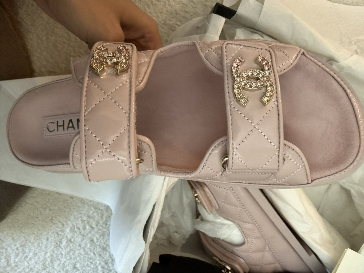 Chanel Quilted Velcro Crystal CC Slide Sandals Light Pink Size US 8.5 / IT 38.5 - 5 Thumbnail