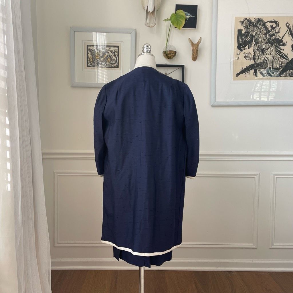Vintage Vintage Mix & Match Dark Blue Sheath Dress Long Blazer Ivory Trim XS Size XS / US 0-2 / IT 36-38 - 7 Thumbnail