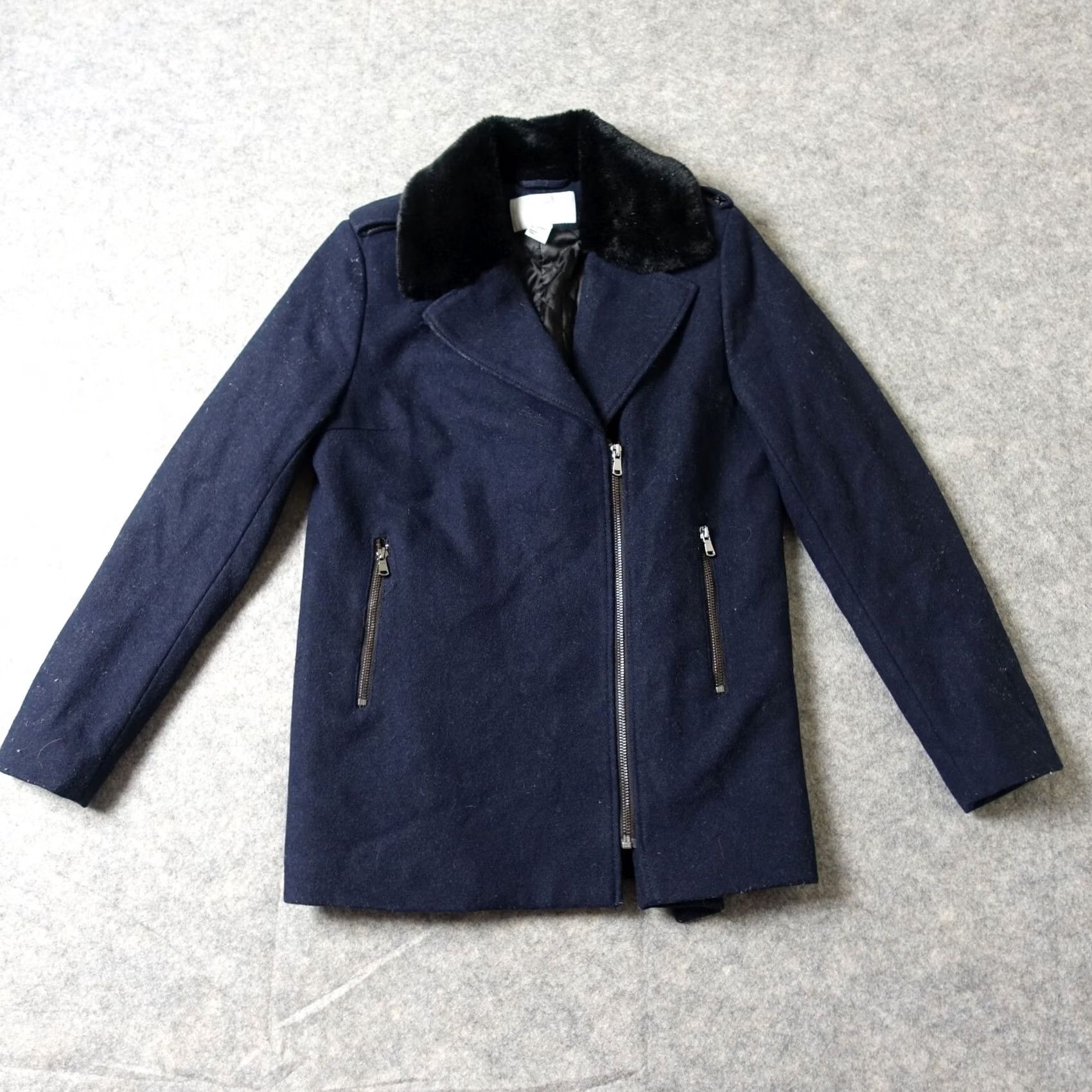 H&M H&M Coat Womens 4 Blue Wool Faux Fur Collar Moto Style Pea Jacket Classic Soft Coat Jacket Motorcycle Biker Classic Size S / US 4 / IT 40 - 2 Thumbnail