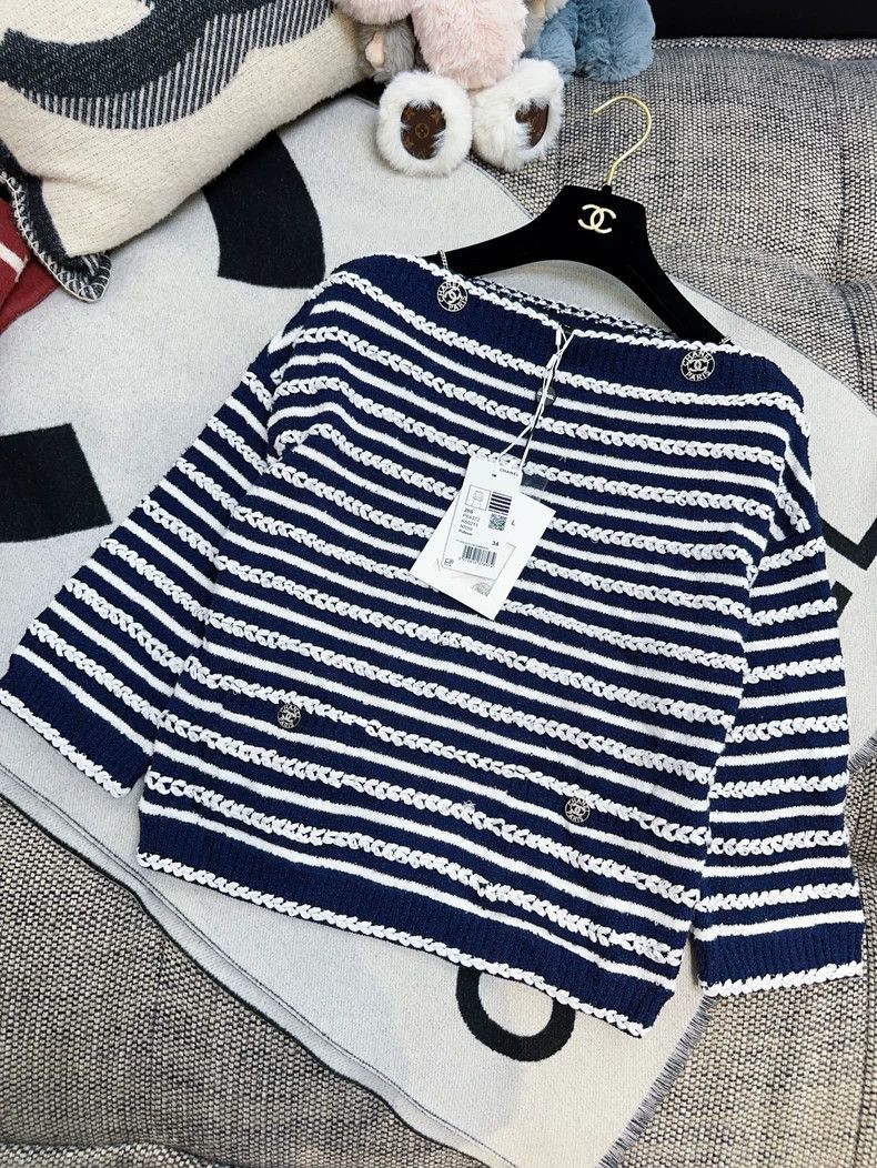Chanel Chanel 20S Navy Stripe Knit Top - dmc Size US M / EU 48-50 / 2 - 1 Thumbnail