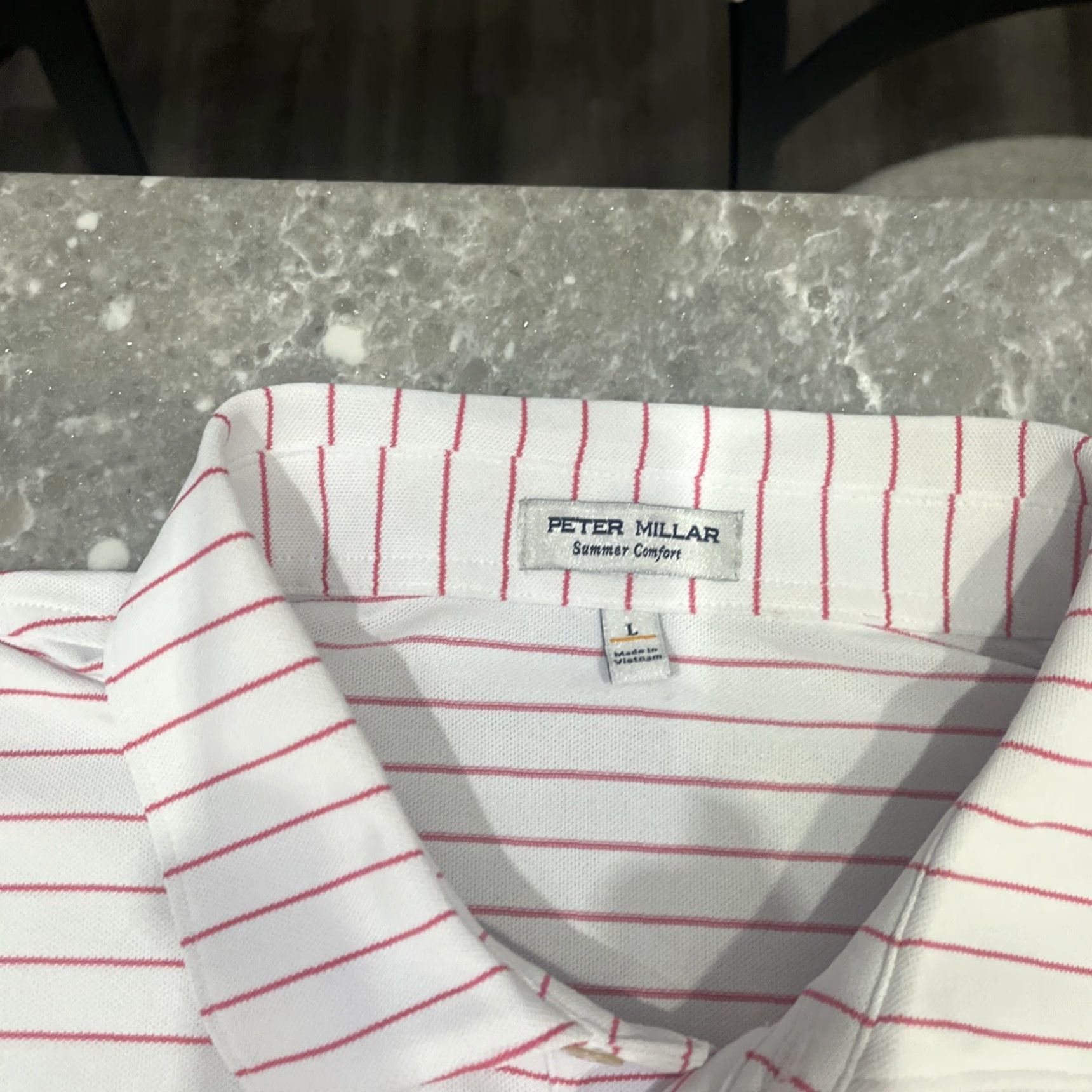 Peter Millar Peter Millar Men's Polo Shirt L Pink/White Stripe Summer Comfort Polyester Shirt Size US L / EU 52-54 / 3 - 3 Thumbnail