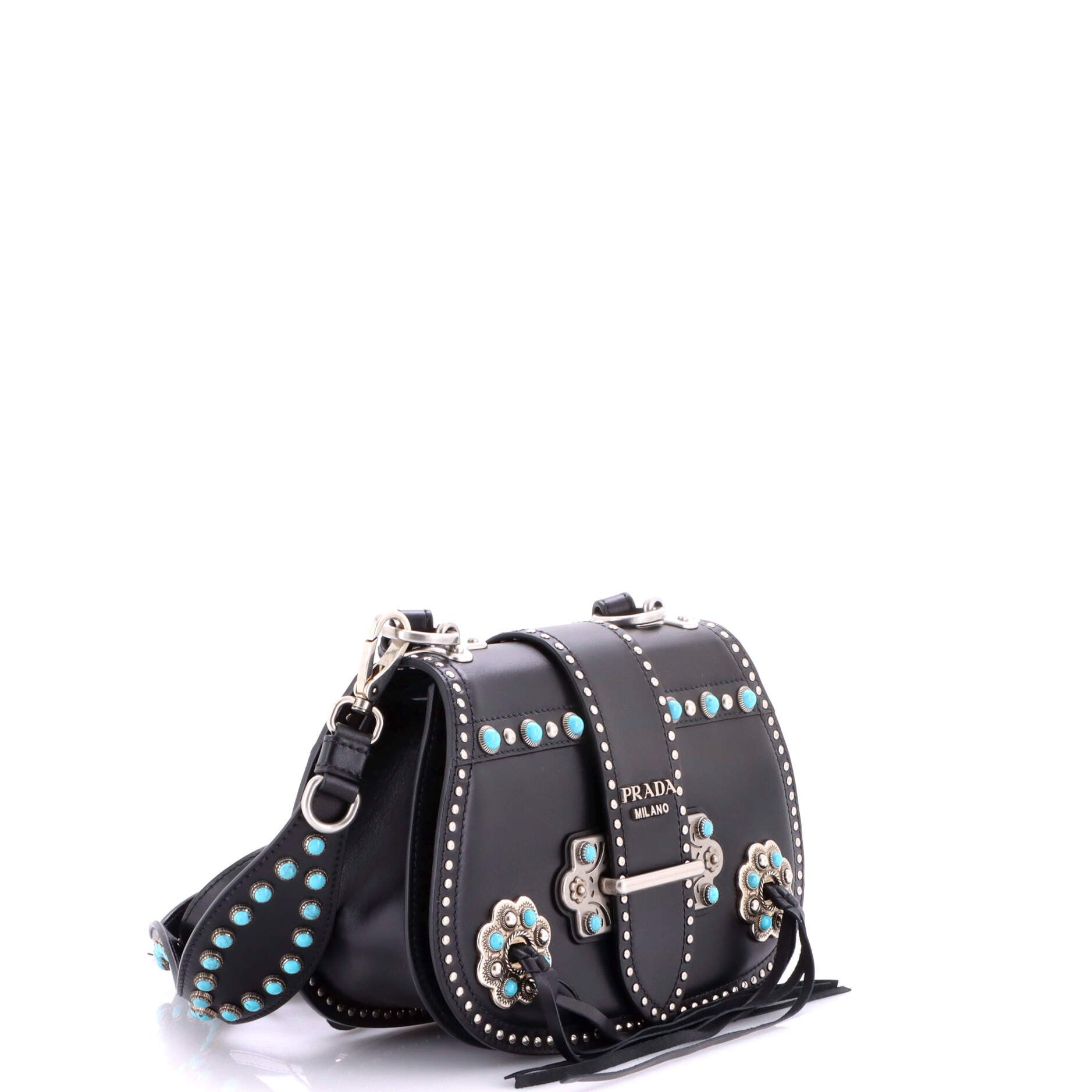 Prada Folk Saddle Shoulder Bag Embellished Leather With Fringe Medium in Black, Women's