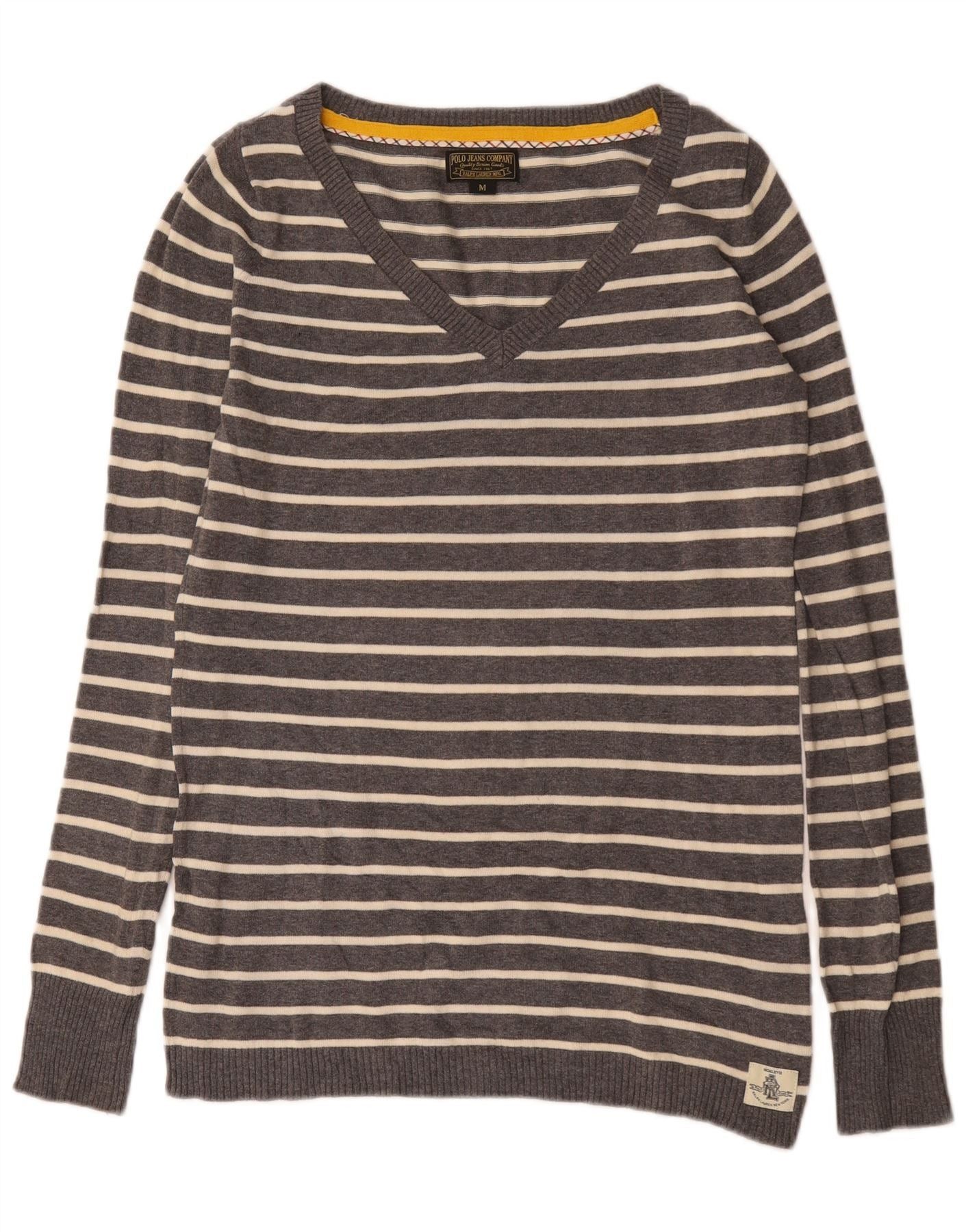 Ralph Lauren Womens V-Neck Jumper Sweater UK 14 Medium Grey Striped Cotto Size S / US 4 / IT 40 - 1 Thumbnail