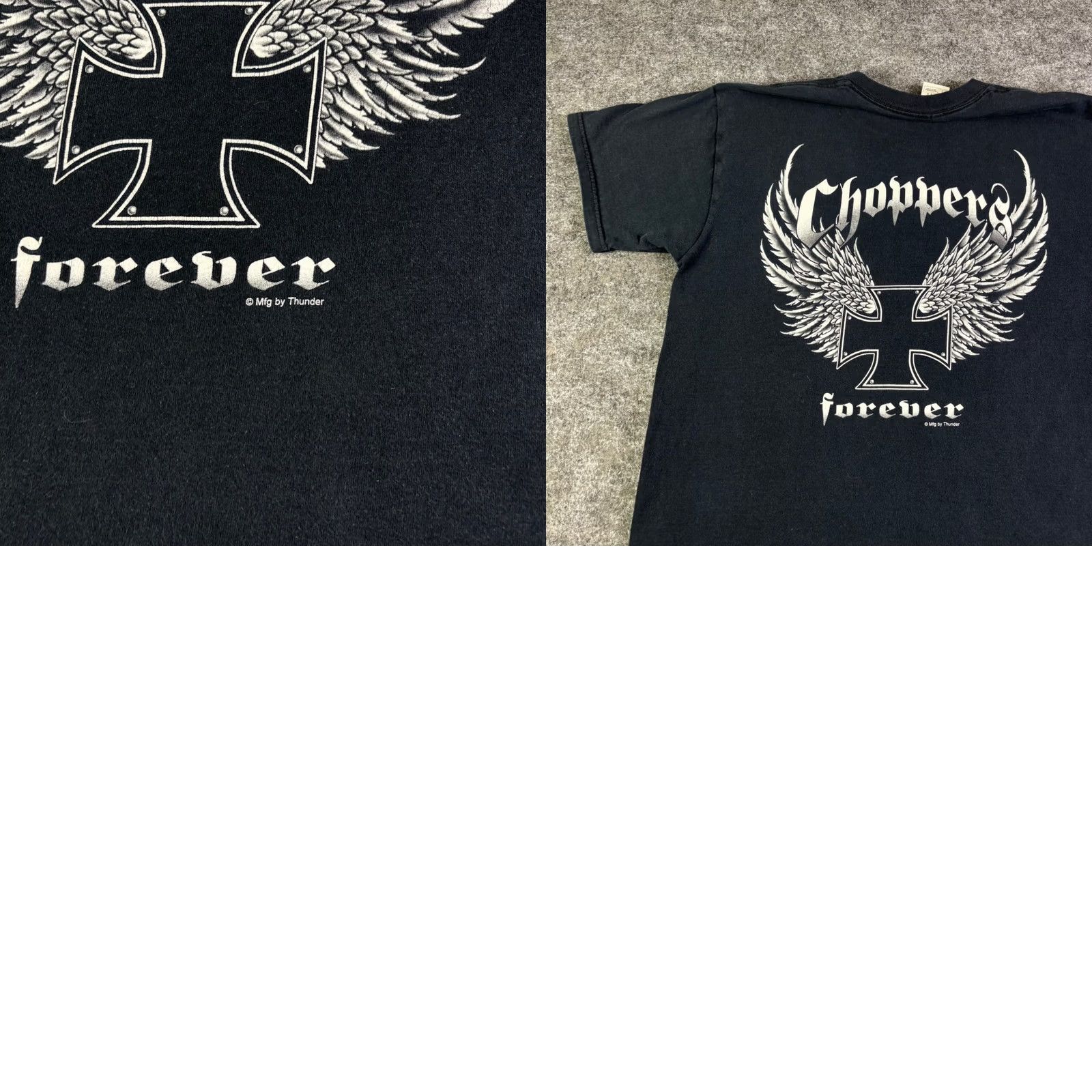 Fruit Of The Loom VINTAGE Choppers Forever T-Shirt Mens Large Black Iron Cross Thunder Graphic Size US L / EU 52-54 / 3 - 8 Thumbnail