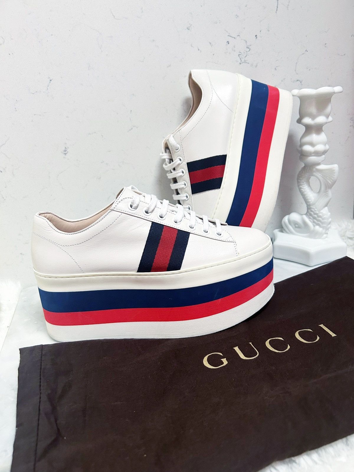 Gucci Authentic Gucci Web Striped Peggy Platform Sneakers 37.5 Size US 7.5 / IT 37.5 - 10 Thumbnail