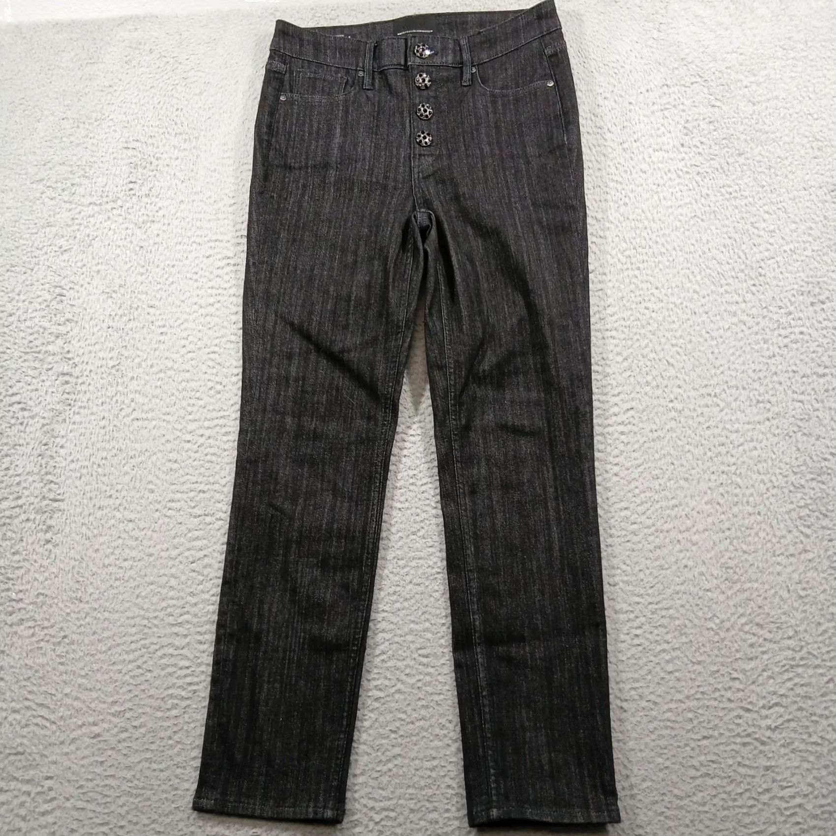White House Black Market VINTAGE WHBM Jeweled Button High-Rise Slim Ankle Jeans Women 4 Black Pinstripe Pre-Owned Size 27" / US 4 / IT 40 - 2 Thumbnail