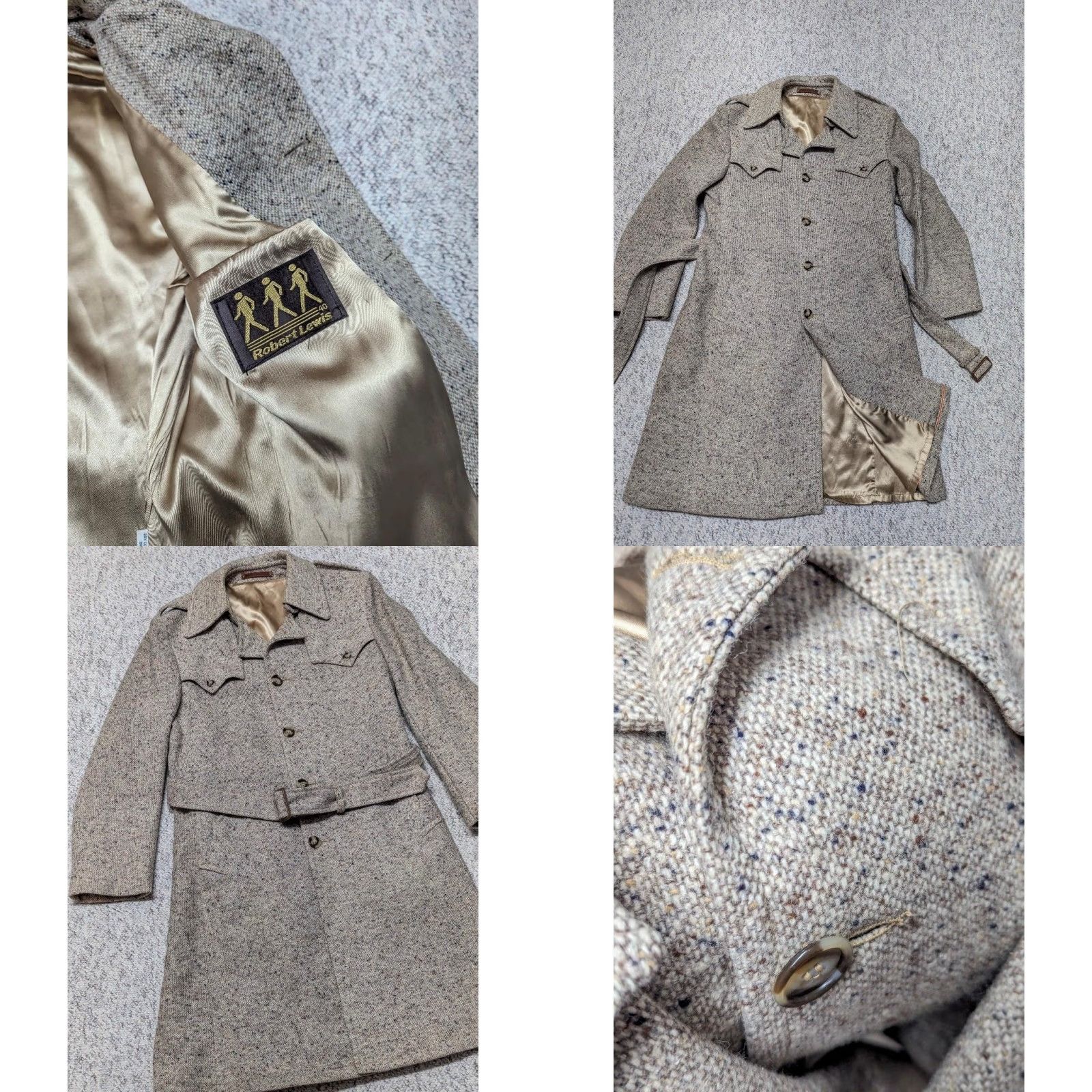 Vintage VINTAGE Robert Lewis Overcoat Jacket Belted Tweed Wool 38 Tan Brown Fleck Long Tall Men Chest 38 Suit Coat Mens Size 36R - 8 Thumbnail