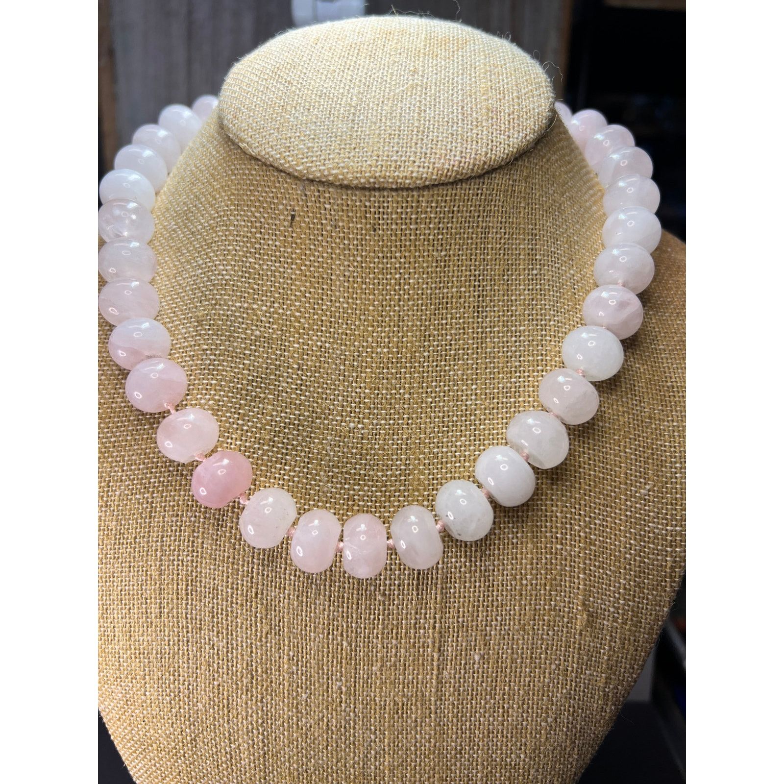 Rose quartz knotted bead necklace with lobster clasp