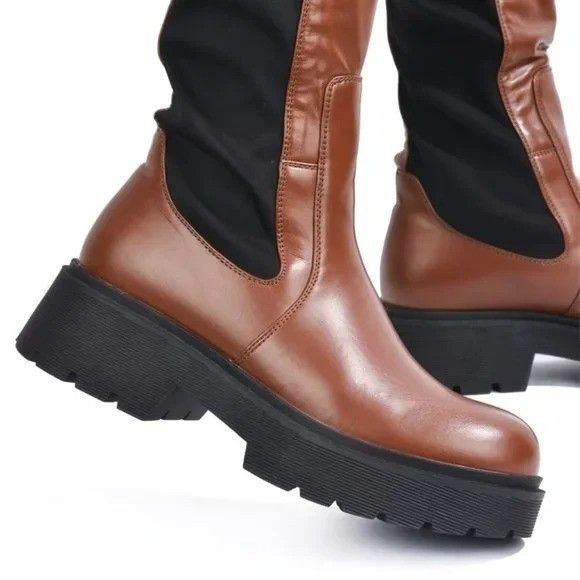 Other Techno Tan Black Stretch Panel Lug Sole Thigh High Boots Wid Size US 7.5 / IT 37.5 - 3 Thumbnail