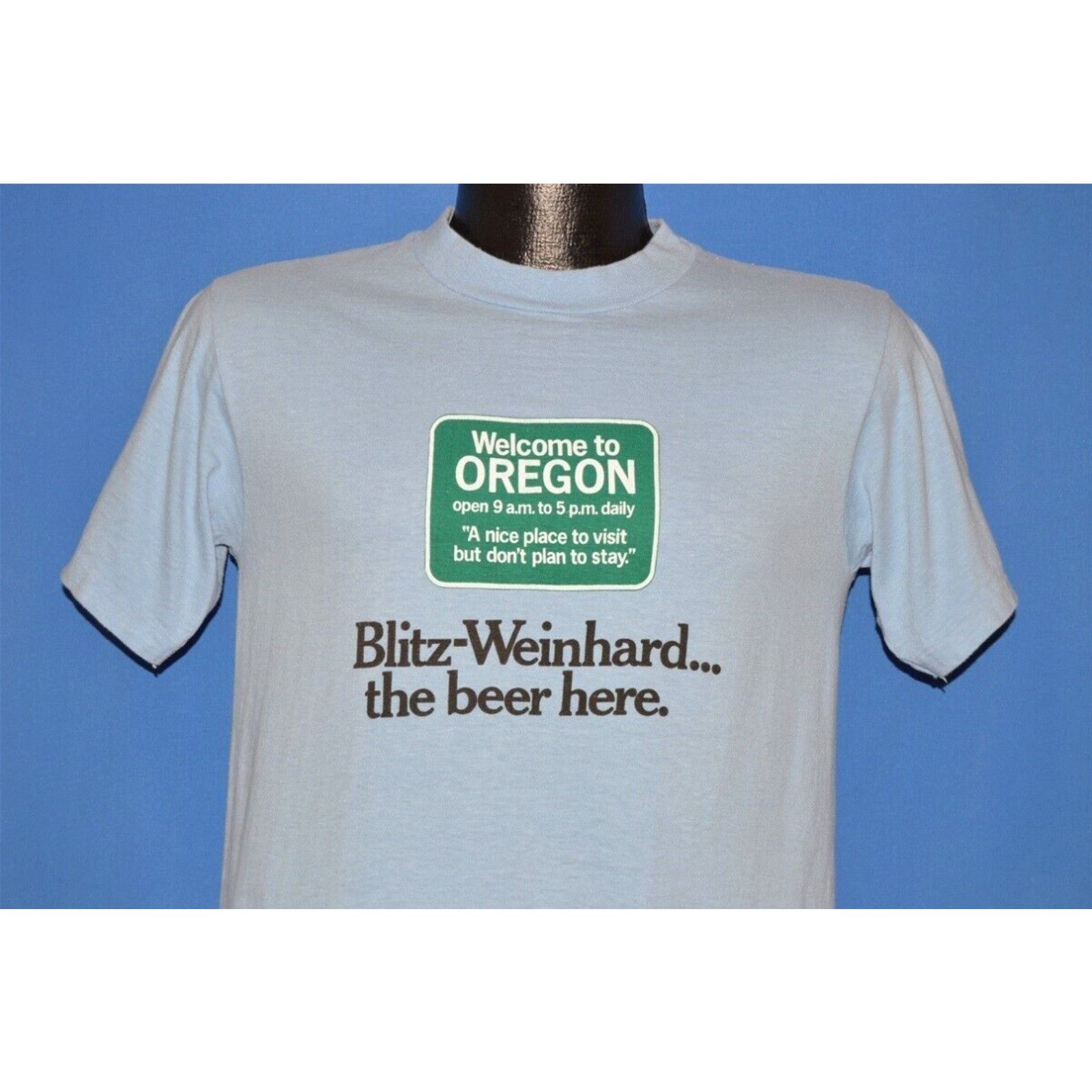 Image of Hanes Vintage 70's Oregon Open 9-5 Blitz Weinhard Beer Here Blue T-Shirt Small S in White, Men's