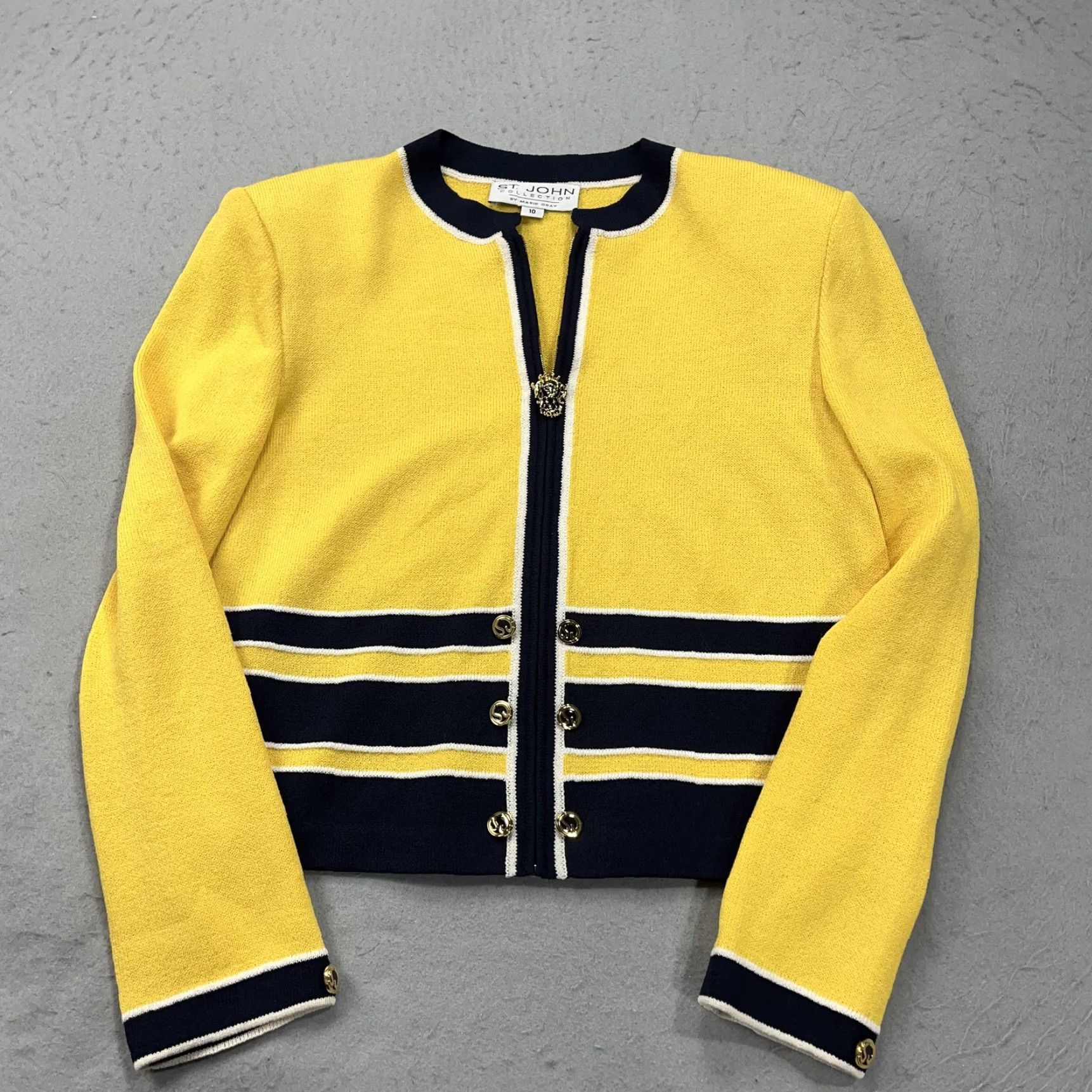Vintage VINTAGE St John Collection Sweater Jacket Womens 10 Yellow Santana Full Zip Cardigan Knit Crew Neck Striped 80s 90s Designer Womens Size L / US 10 / IT 46 - 2 Thumbnail