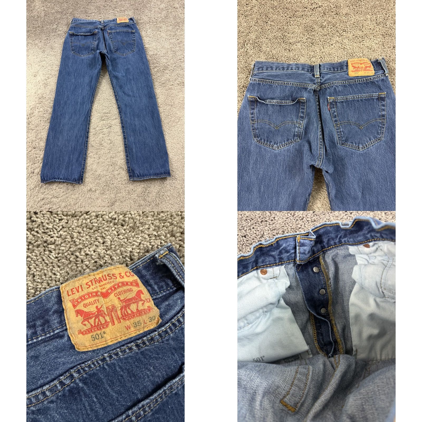 Levi's Levis 501 Jeans Mens 35 (32x28) Straight Leg Button Fly Dark Wash Cotton Denim Size US 35 - 8 Thumbnail