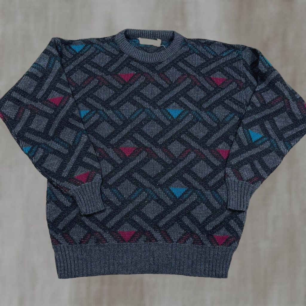 Vintage VINTAGE Ruffian Sweater Men M Gray Geometric Acrylic Knit 80s 90s USA Cosby Grandpa Pullover Crew Neck Mens Size US M / EU 48-50 / 2 - 1 Thumbnail