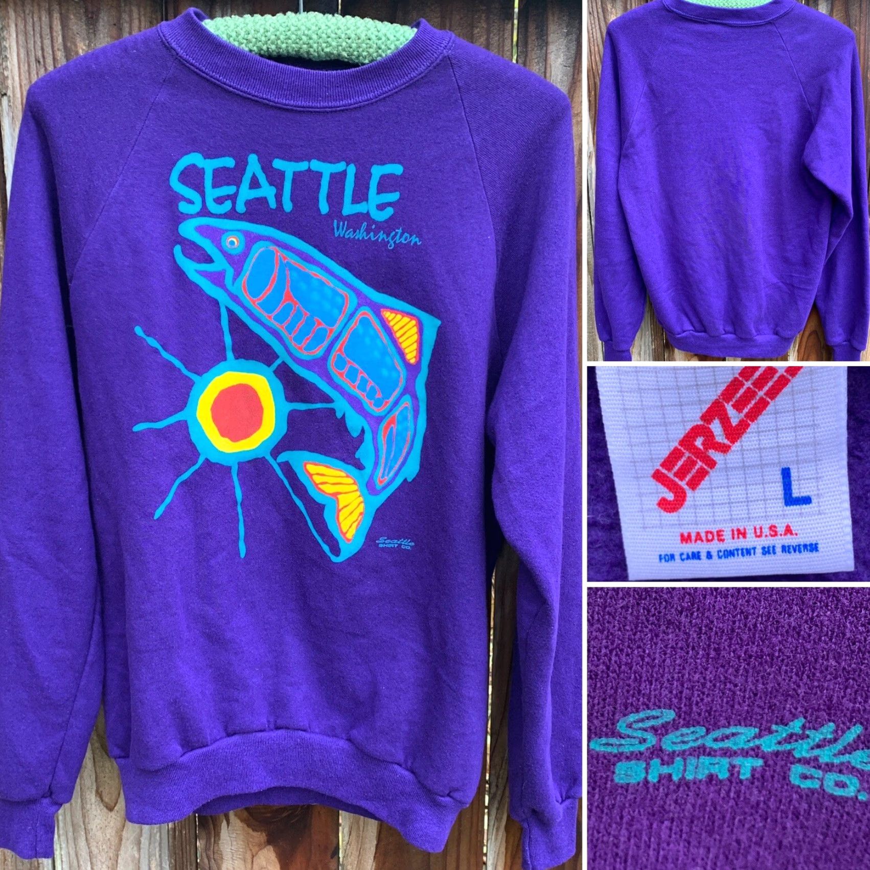 Jerzees VINTAGE Seattle Washington Sweatshirt Seattle Shirt Co USA L Purple Graphic Jerzees 50/50 Cotton Blend Sweatshirt Mens Womens - 1980s Size L / US 10 / IT 46 - 5 Thumbnail