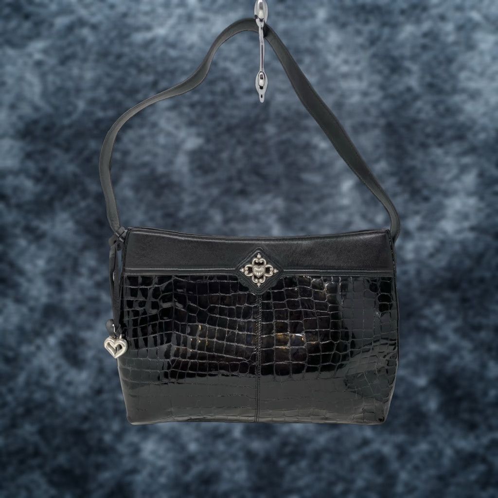 Brighton BRIGHTON Shoulder Bag Purse Black Croc Embossed Leather Silver Heart Charm Lining Red Size ONE SIZE - 1 Thumbnail