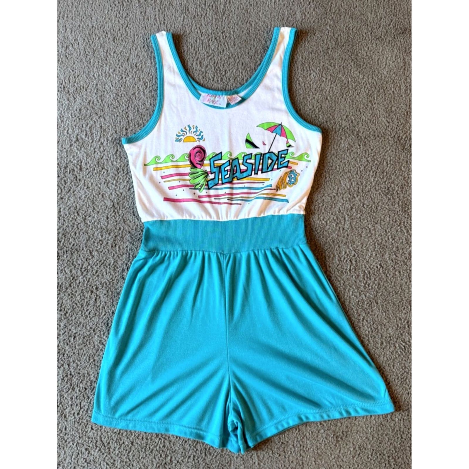 Vintage VINTAGE Rompin Rage Seaside Romper Women Large White/Aqua 80s 90s Romper Casual One-Piece Sleeveless Short Sleeve Wide-Leg Night? Size 36" / US 14 / IT 50 - 2 Thumbnail
