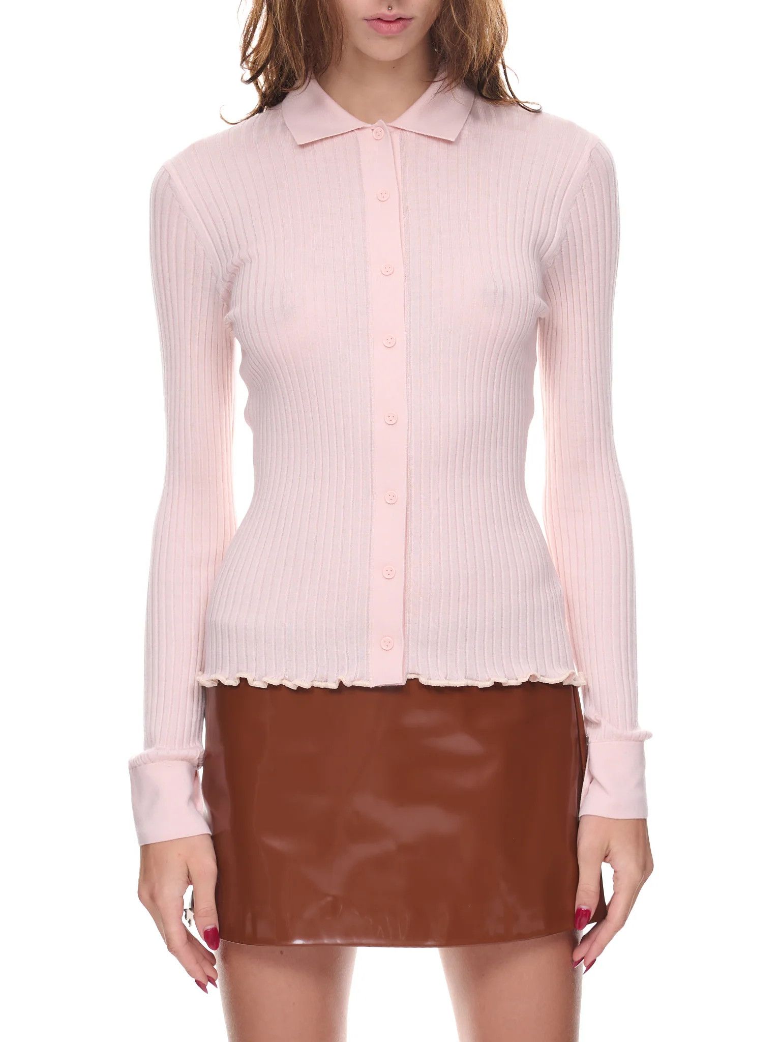 image of Bottega Veneta O1Loc1C0324 724669 Silk Cashmere Ribbed Cardigan In Pink, Women's (Size Large)