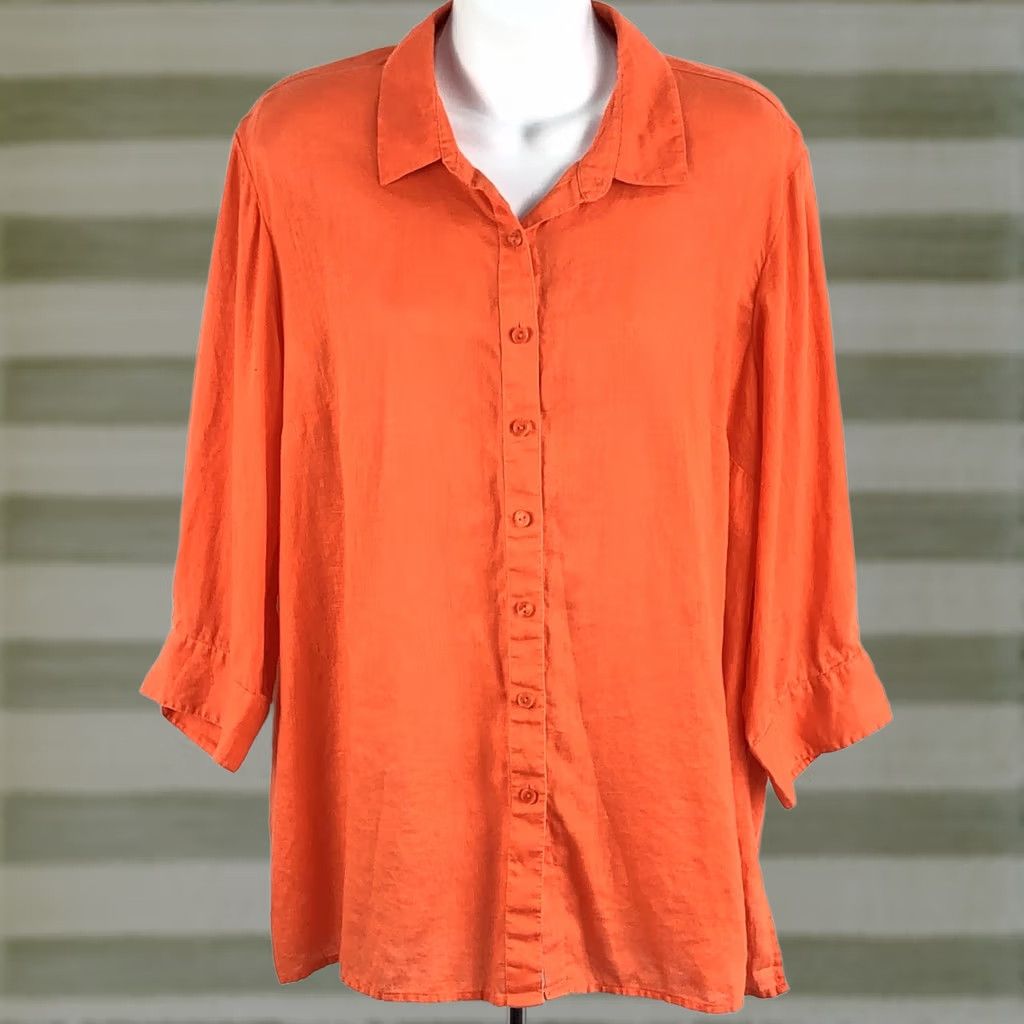 Coldwater Creek ColdwWater Creek Linen Top PXL Orange ButtonUp 3/4 Sleeve Slits Colorful Office Linen Solid Shirt Womens Size XL / US 12-14 / IT 48-50 - 1 Thumbnail