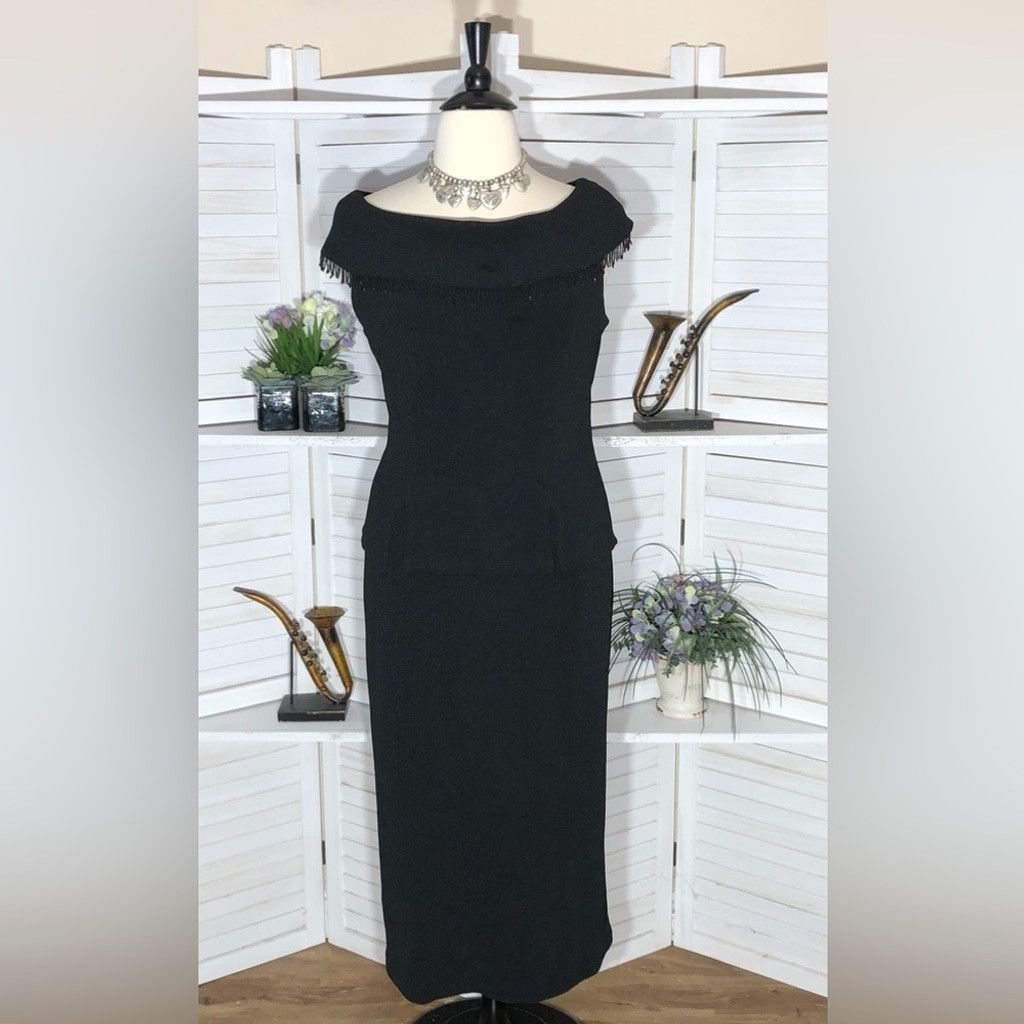 Vintage 90s dress black cocktail Audrey Hepburn style pencil midi XL Size XL / US 12-14 / IT 48-50 - 1 Thumbnail