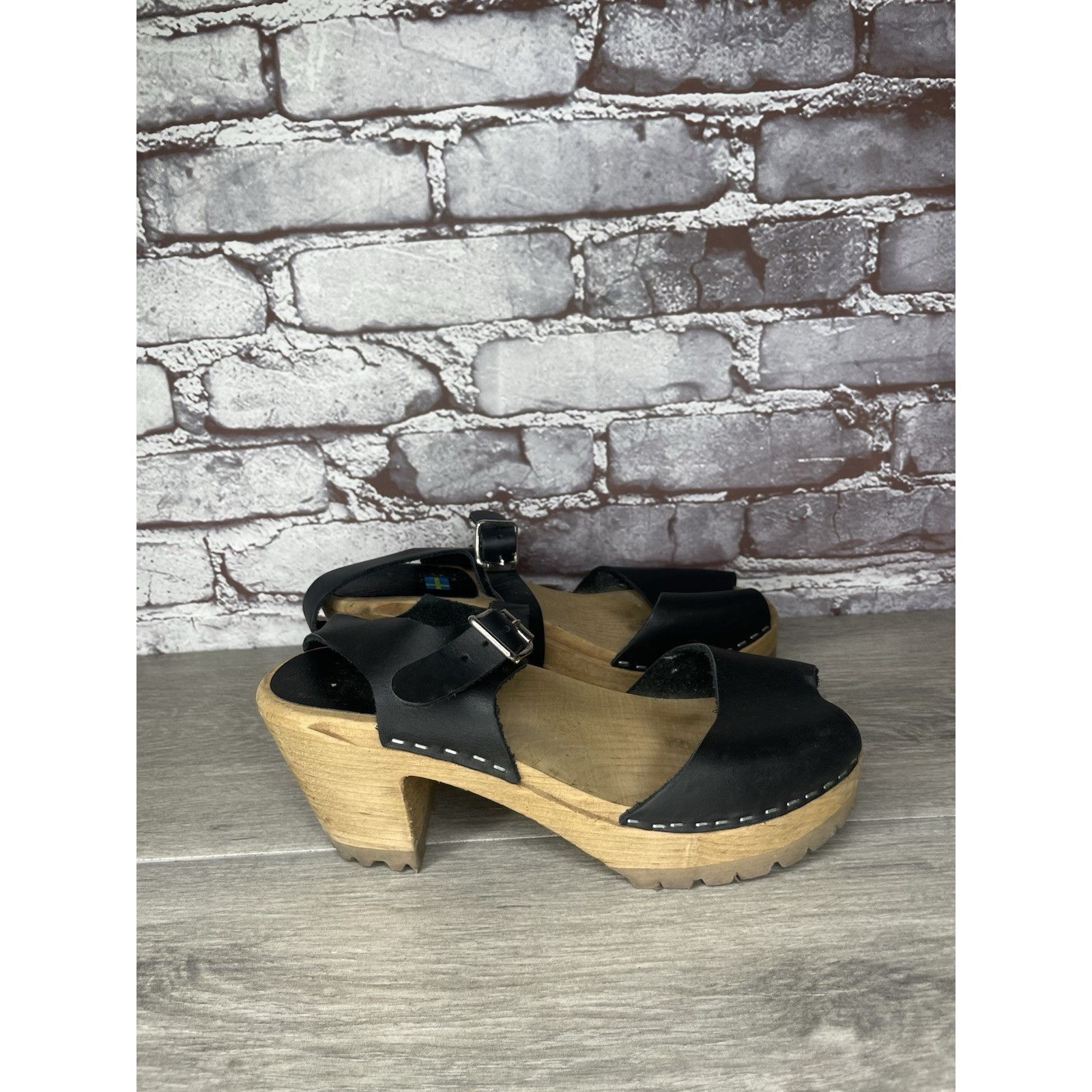 Swedish Hasbeens Swedish Hasbeens Black Leather Wooden Heel Peep Toe Ankle St Size US 7.5 / IT 37.5 - 15 Thumbnail