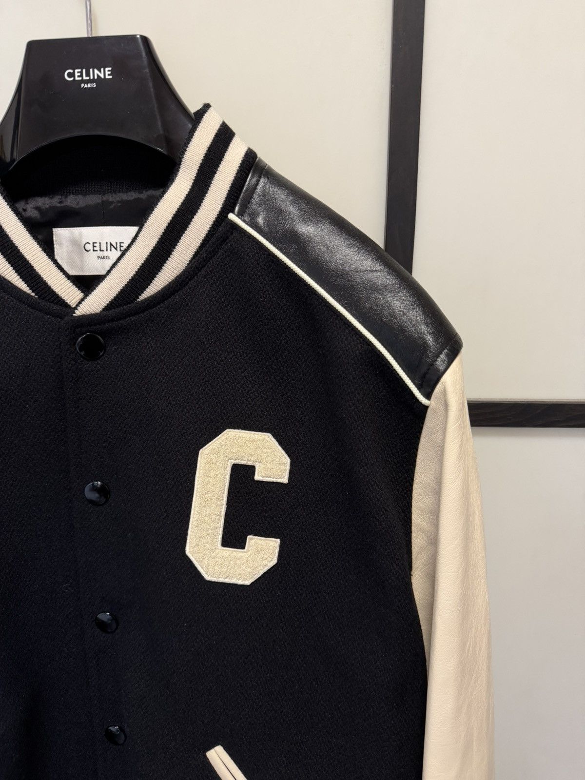 Celine NEW - FW21 Black C Patch Leather Sleeve Wool Teddy 54 Size US L / EU 52-54 / 3 - 4 Thumbnail