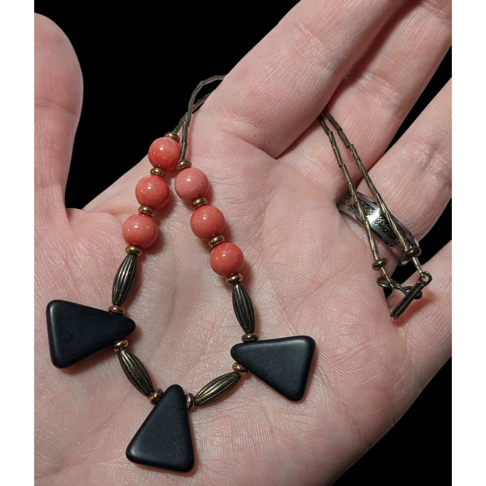 Other Vintage Geometric Onyx Pink Gem And Silver Tone Beaded Neckl Size ONE SIZE - 4 Thumbnail