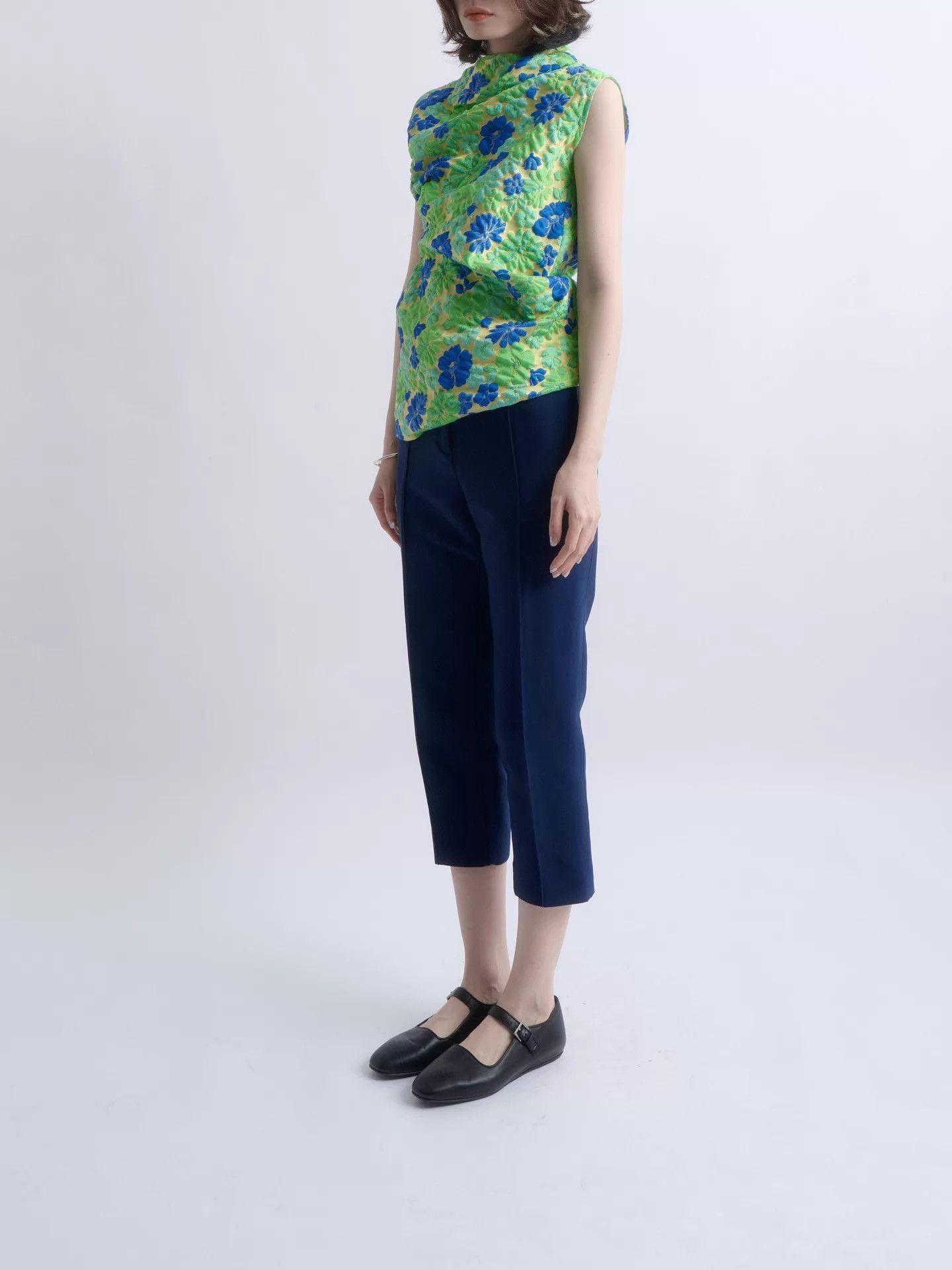 Jil Sander JIL SANDER 18SS Green-Blue Floral Jacquard Asym Twisted Top Size XXS / US 00 / IT 34 - 3 Thumbnail