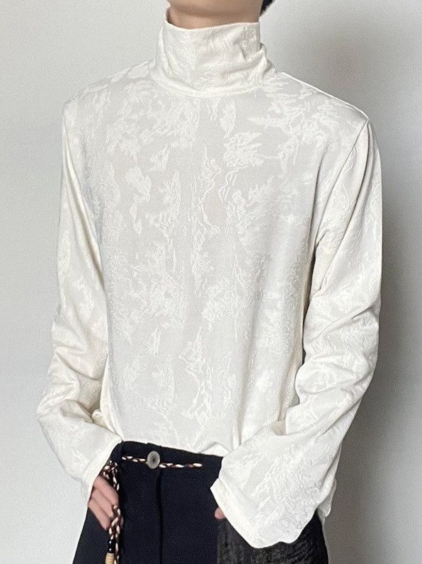 image of Vintage Korean Fashion Retro Jacquard High Neck Long Sleeve Shirt in Beige, Men's (Size XL)