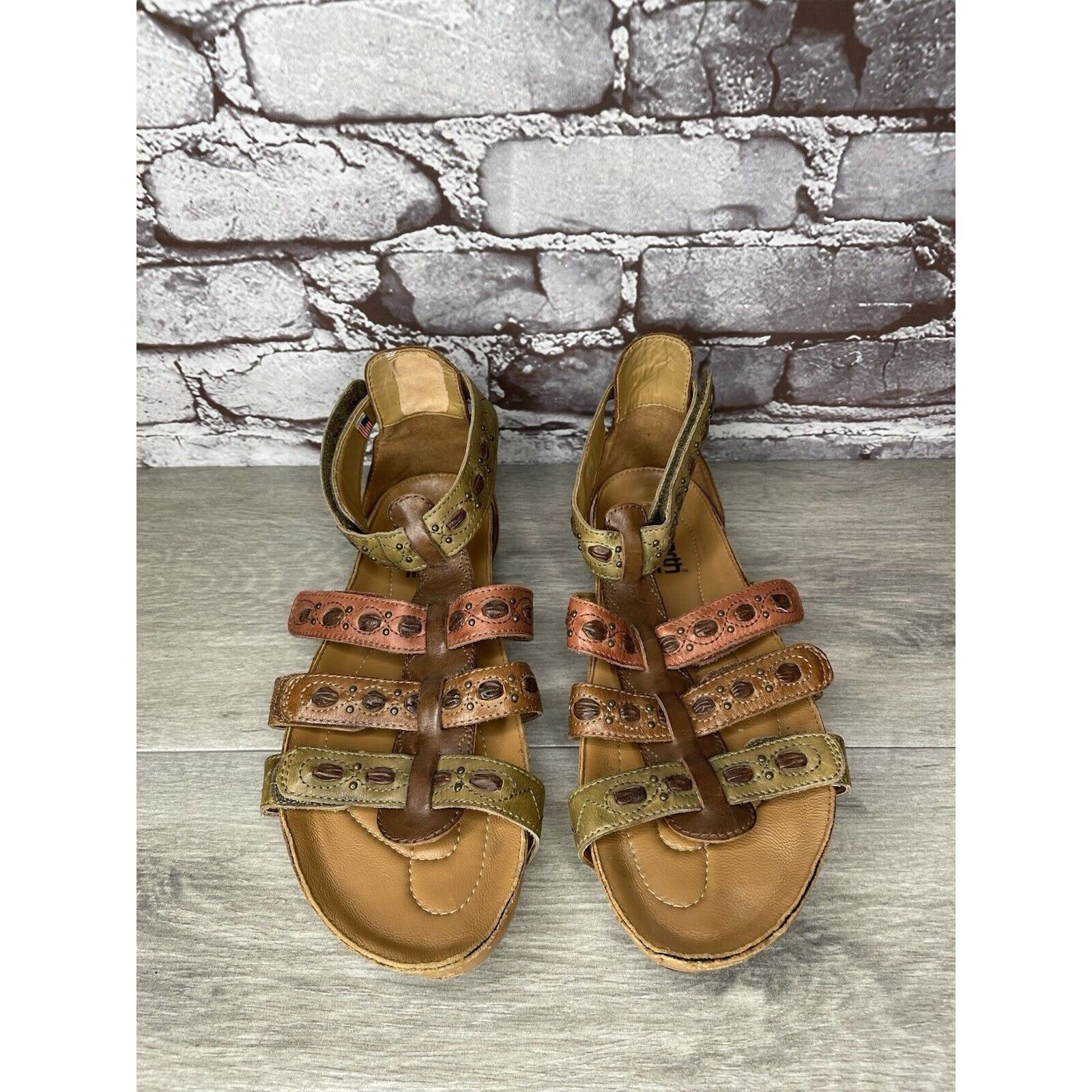 Other Earth Kalso Empire Bat Brown Leather Green Ankle Strap Wedge Size US 7.5 / IT 37.5 - 9 Thumbnail