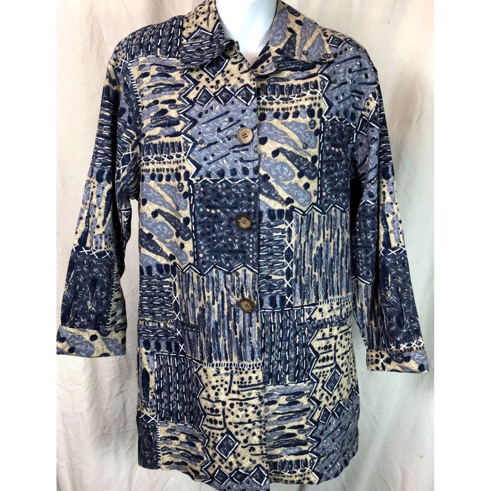 Vintage Rafaella Linen Blouse 8 Blue/beige Longline Long Sleeves Abstract Artsy Boho Size M / US 6-8 / IT 42-44 - 6 Thumbnail