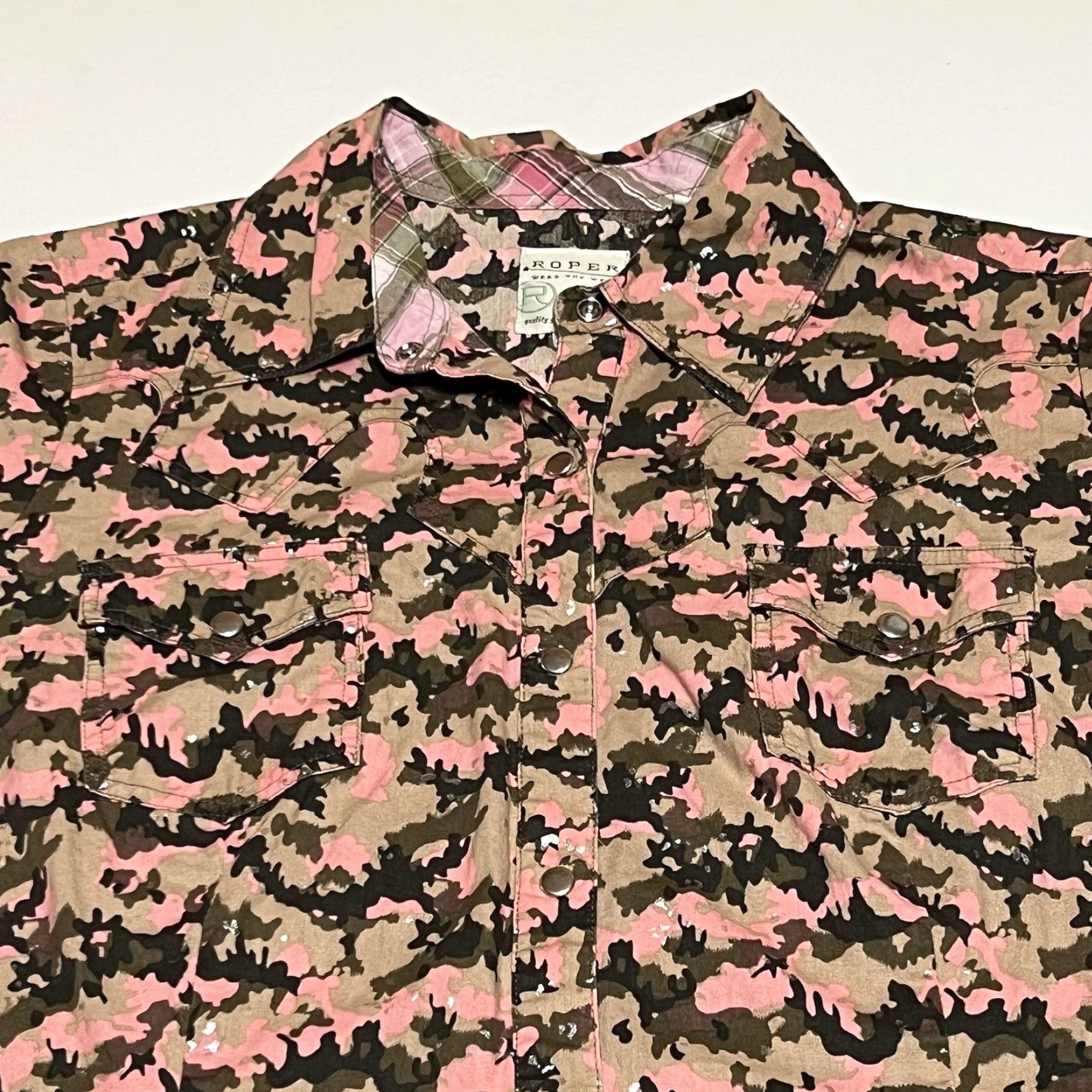 Roper Roper Long Sleeve Pearl Snap Western Shirt Juniors XL Pink Camo Silver Womens Blouse Gloss Pearl Snap Western 100% Cotton Size XL / US 12-14 / IT 48-50 - 2 Thumbnail