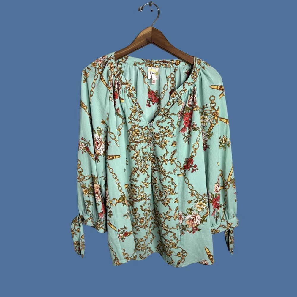 Vintage Fig and Flower Blouse Womens Medium Blue Floral Chain Print Button Up Boho Top Size M / US 6-8 / IT 42-44 - 1 Thumbnail