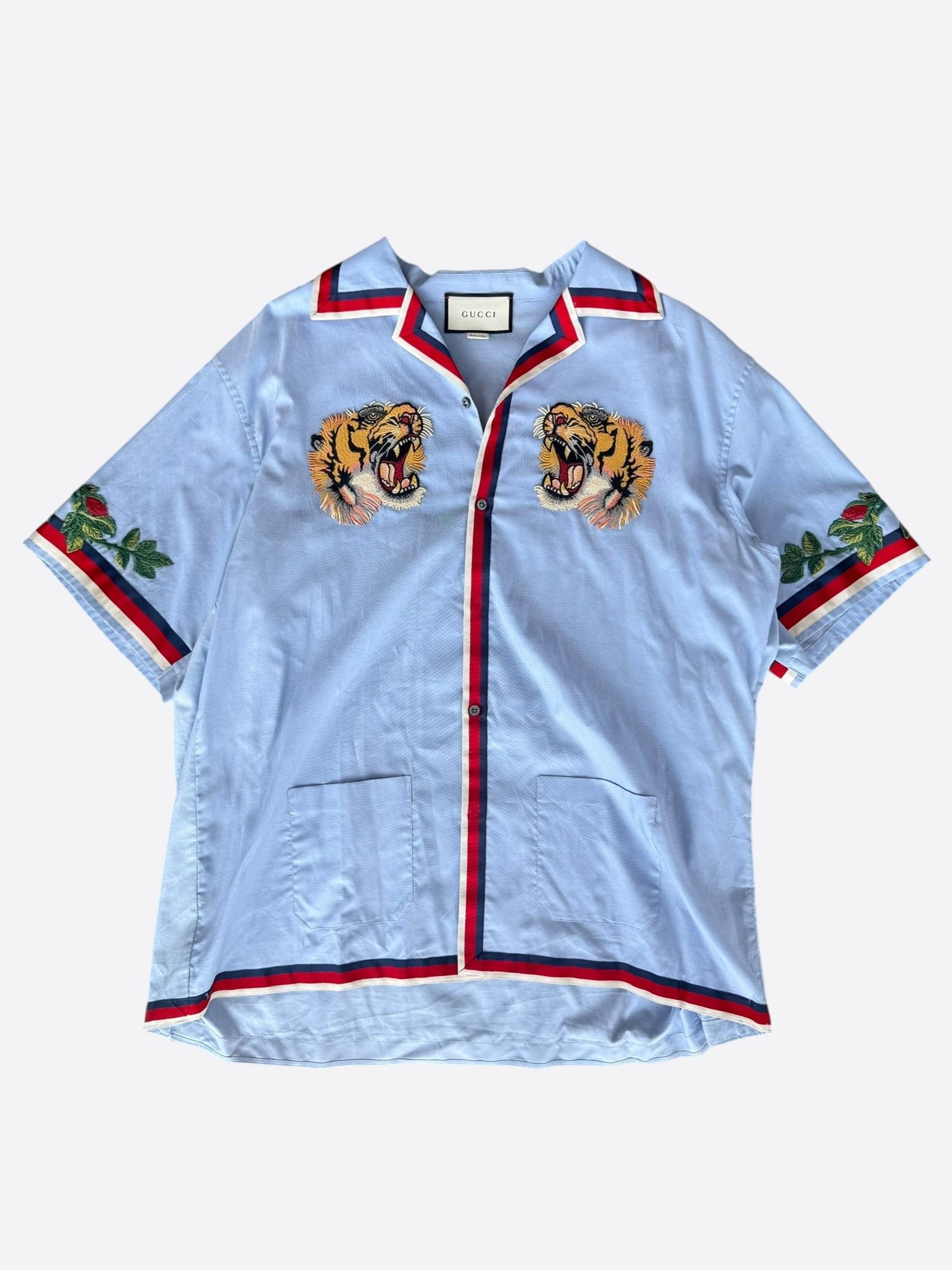 Gucci Gucci Blue & Red Embroidered Tiger Button Up Shirt Size US XXL / EU 58 / 5 - 1 Thumbnail