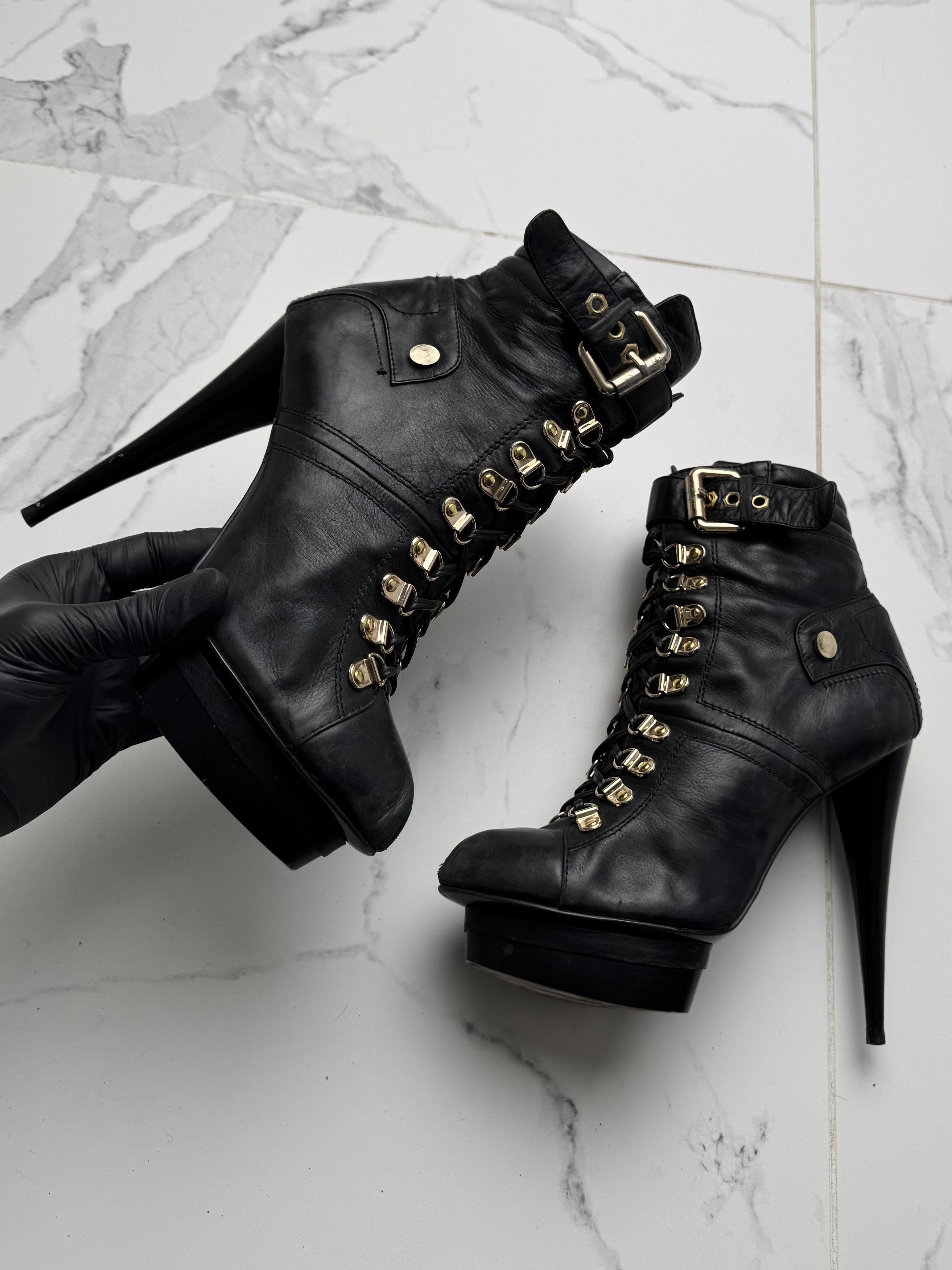 Other Vintage Platform Lace Up Ankle Stiletto Heel Buckle Booties Size US 9 / IT 39 - 1 Thumbnail
