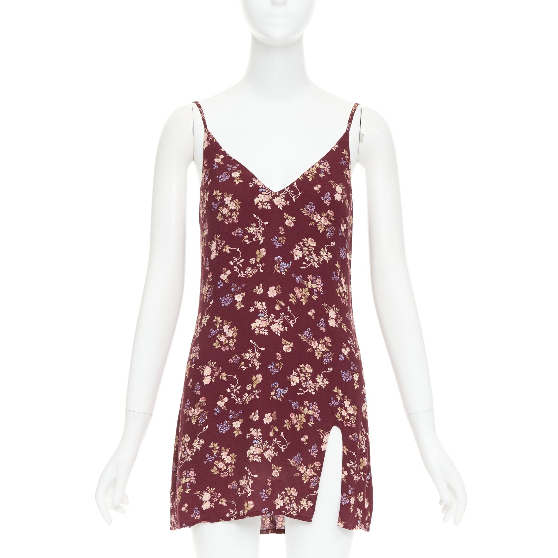 REFORMATION Marlowe burgundy viscose floral print high slit mini dress US0 XS