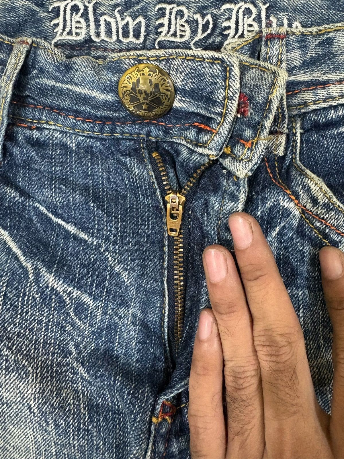 Japanese Brand Vintage Blow by Blue Cracked Faded Wash Bootcut Jeans Size US 30 / EU 46 - 3 Thumbnail