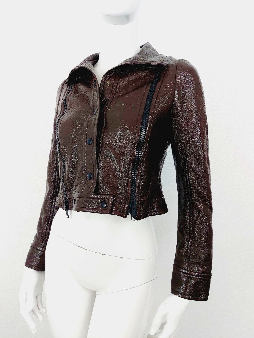 image of Courreges Courréges Brown Shiny Logo Leather Mod Vinyl Zip Pvc Jacket, Women's (Size Small)