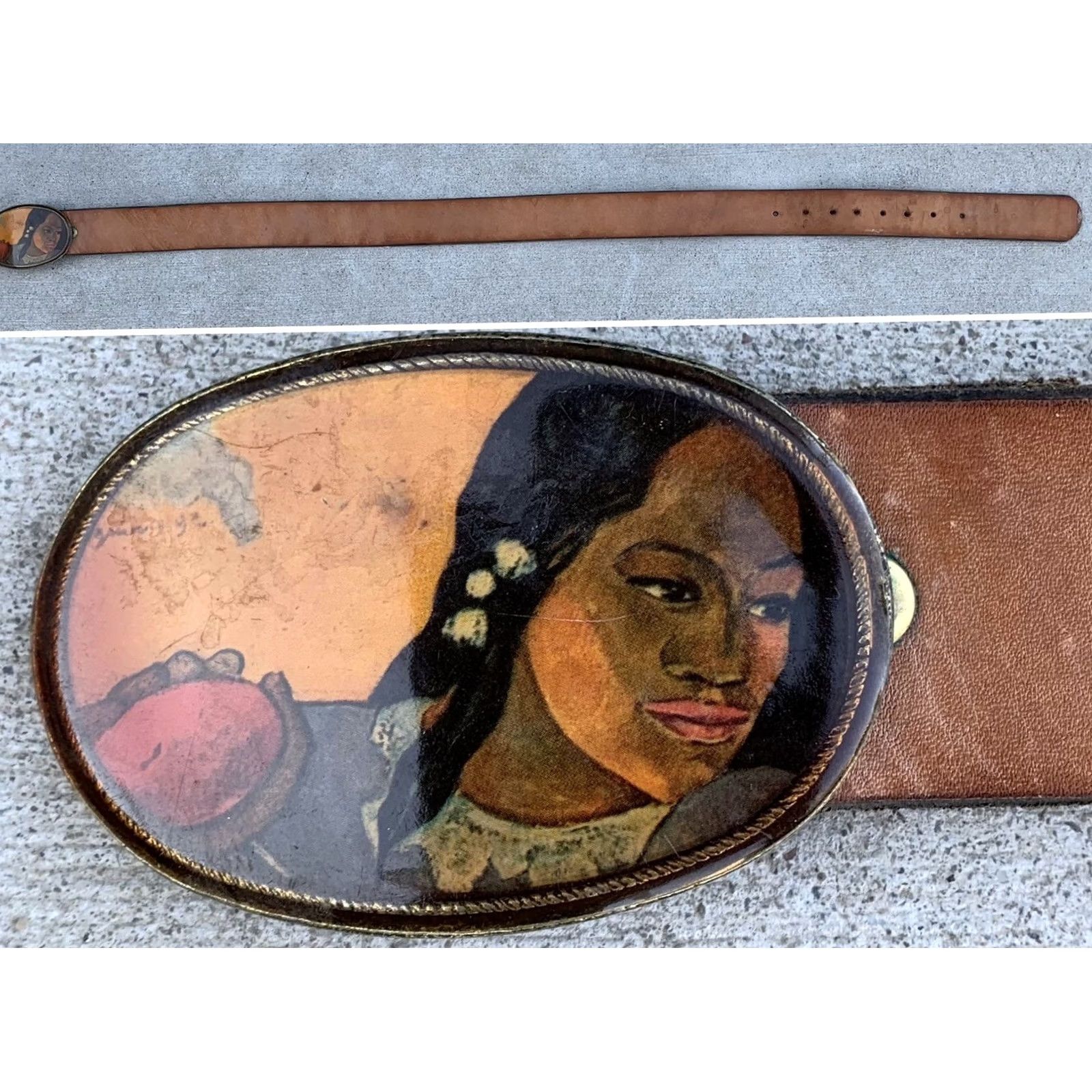 Vintage vtg 1970s brass belt buckle on leather belt portrait of woman western boho USA Belt Buckle Leather Size ONE SIZE - 5 Thumbnail