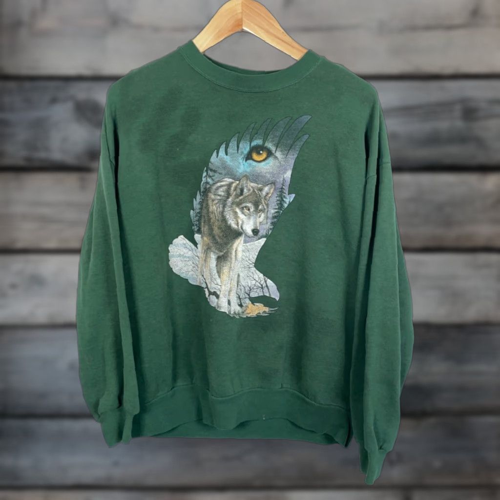 Vintage Vintage Wolf 90s Collage Sweatshirt Large Green 50/50 Blend Cotton Cotton Blend Fleece Graphic Print Crew Neck Long Sleeve Sweatshirt Men Regular Bio? Size US L / EU 52-54 / 3 - 1 Thumbnail