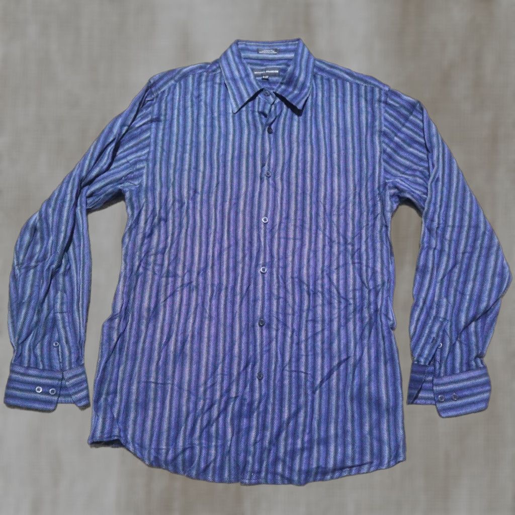 Vintage Michael Brandon Shirt Mens XL Blue 89% Rayon Striped Button-Front Collared Neckline Spread Geometric Casual 90s (if applicable) Mens Size US XL / EU 56 / 4 - 1 Thumbnail